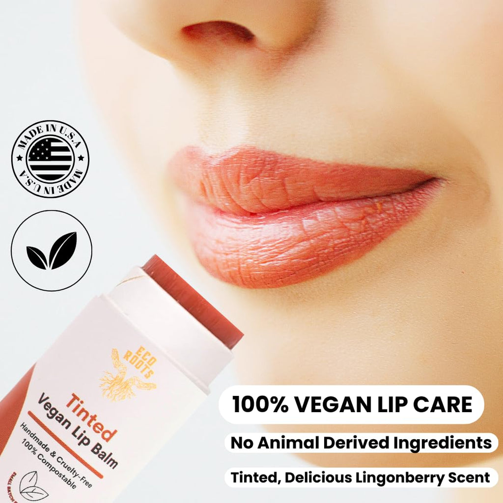 ECO ROOTS Tinted Lip Balm 2 Pack – Organic Vegan Lip Moisturizer, Plastic-Free, Compostable Packaging, Made in USA