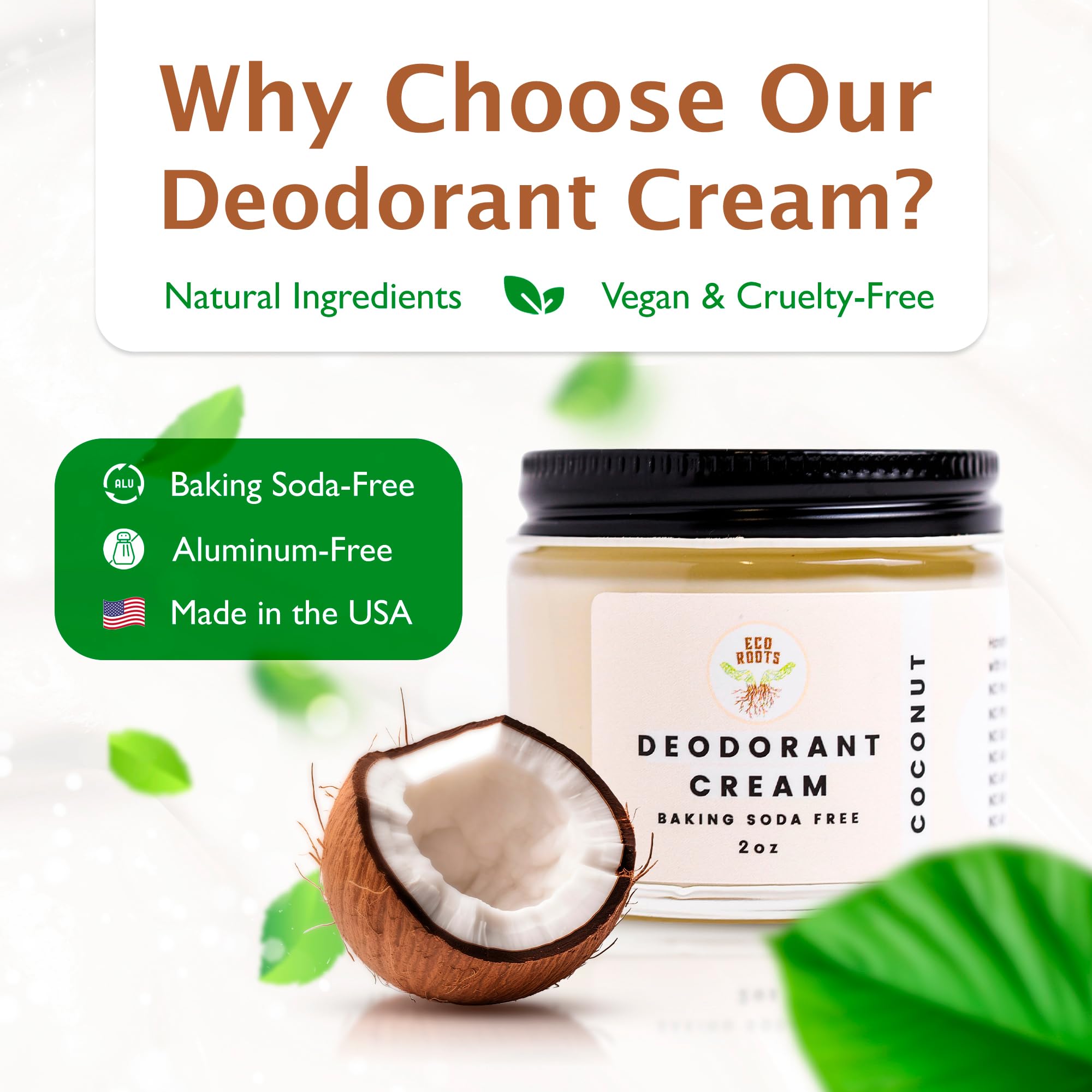 ECO ROOTS Natural Deodorant Cream – Aluminum-Free, Baking Soda Free, Vegan, Coconut Scent