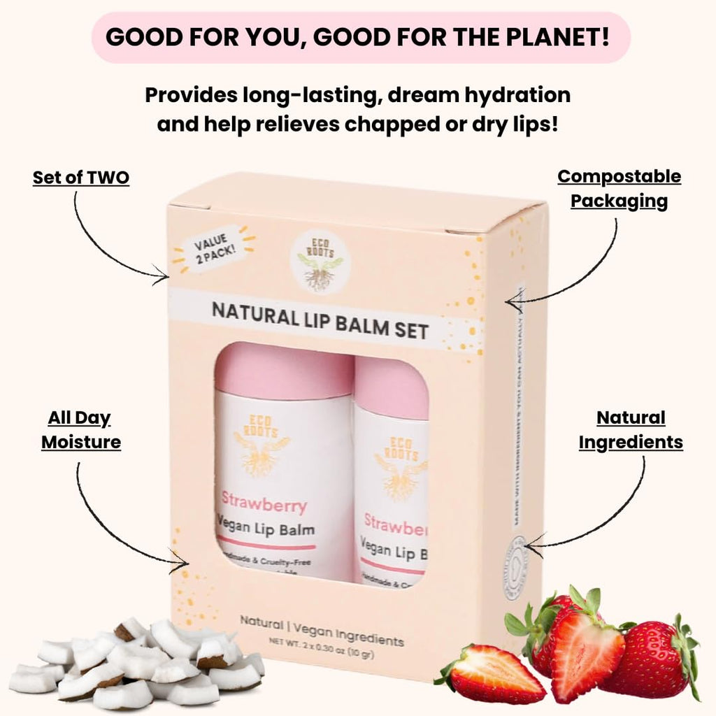 Eco Roots Strawberry Scented Lip Balm 2 Pack – Organic, Vegan, Cruelty-Free