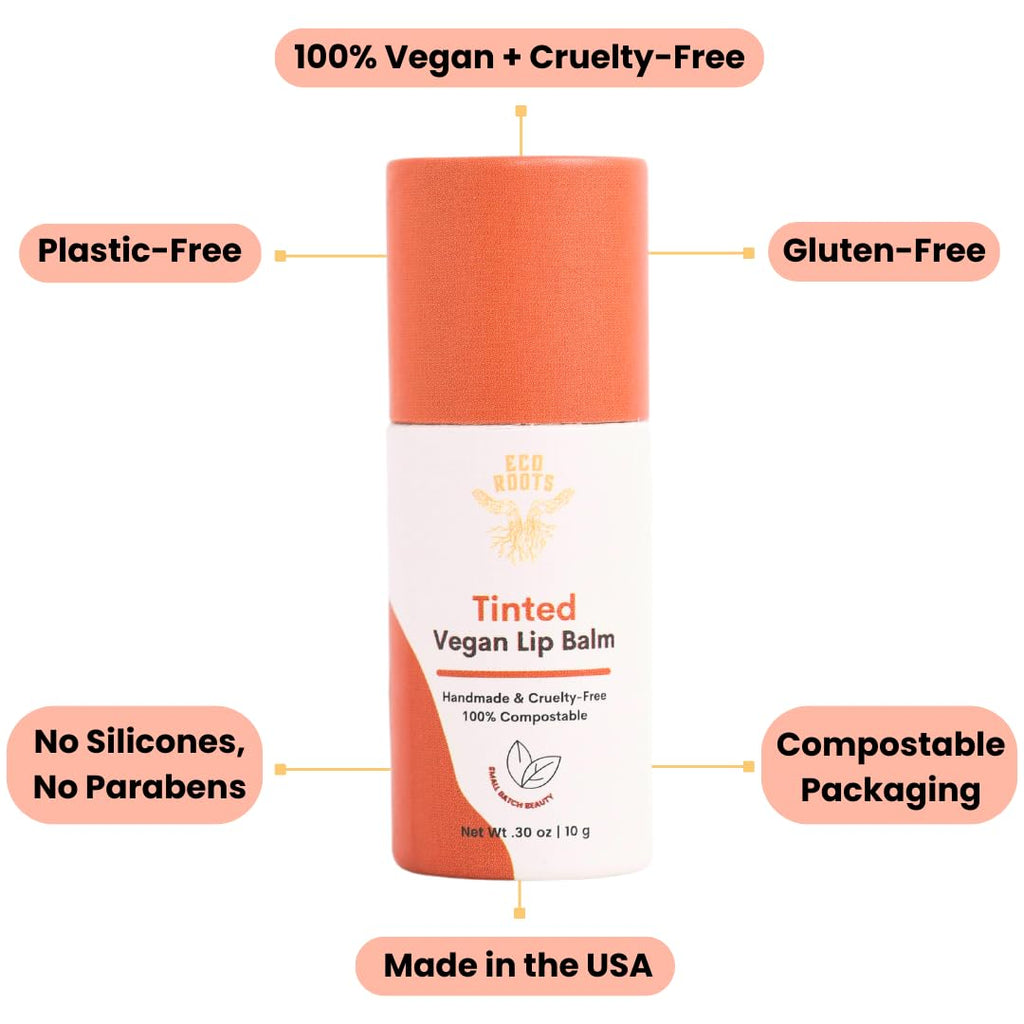 ECO ROOTS Tinted Lip Balm 2 Pack – Organic Vegan Lip Moisturizer, Plastic-Free, Compostable Packaging, Made in USA