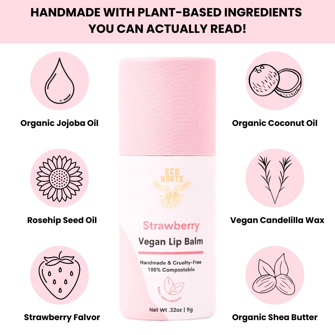 Eco Roots Strawberry Scented Lip Balm 2 Pack – Organic, Vegan, Cruelty-Free