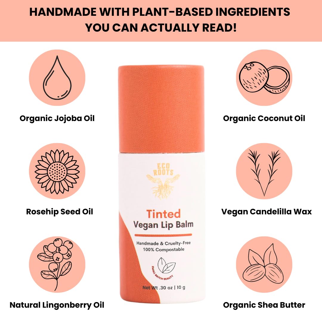 ECO ROOTS Tinted Lip Balm 2 Pack – Organic Vegan Lip Moisturizer, Plastic-Free, Compostable Packaging, Made in USA