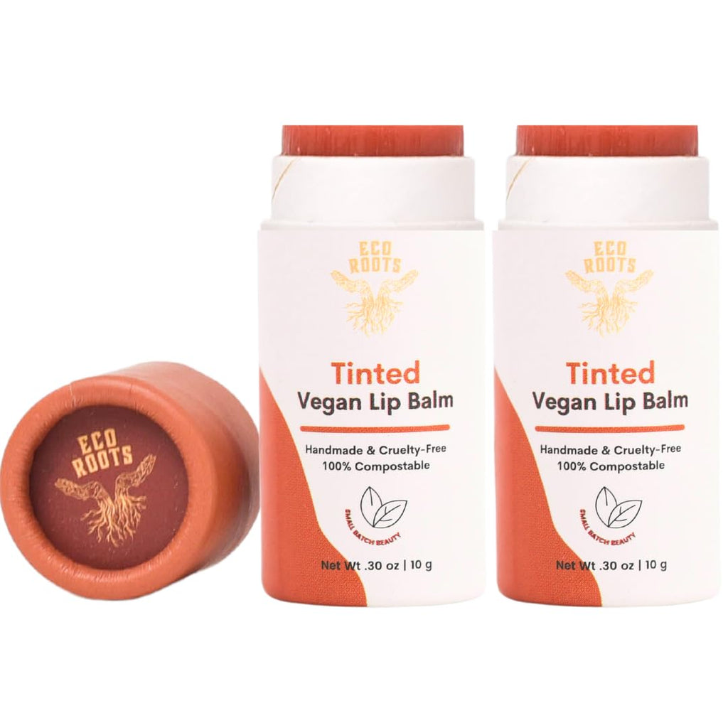 ECO ROOTS Tinted Lip Balm 2 Pack – Organic Vegan Lip Moisturizer, Plastic-Free, Compostable Packaging, Made in USA