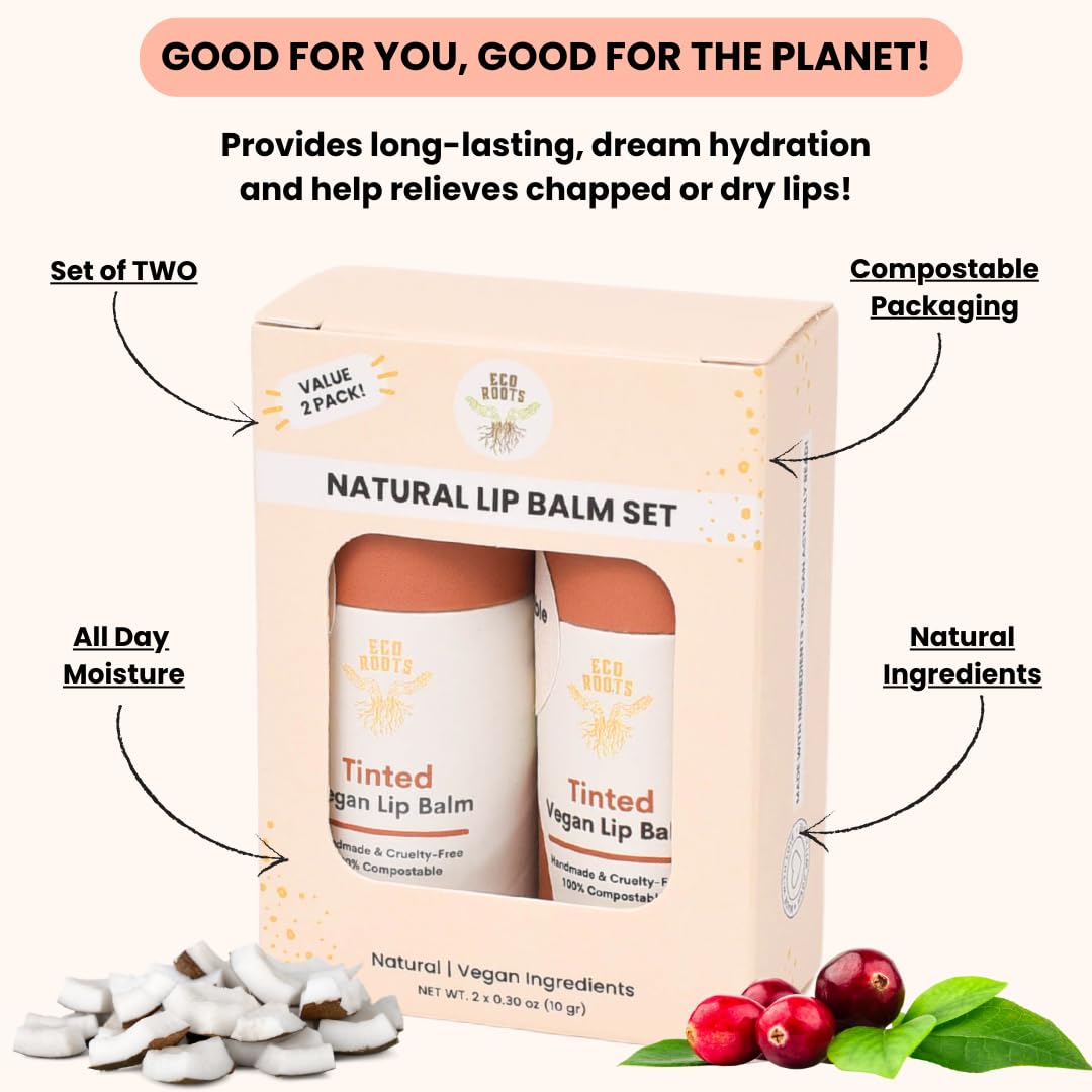 ECO ROOTS Tinted Lip Balm 2 Pack – Organic Vegan Lip Moisturizer, Plastic-Free, Compostable Packaging, Made in USA