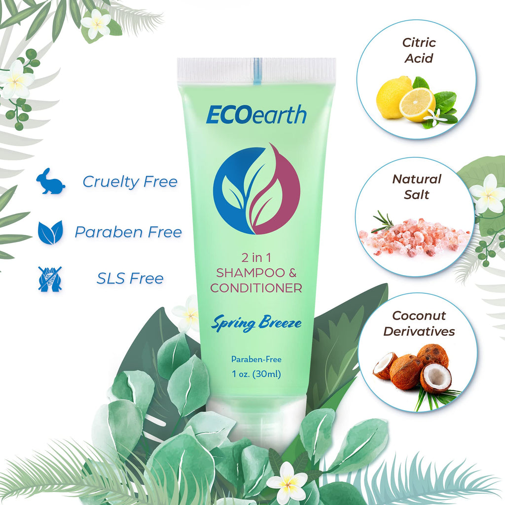 EcoEarth Travel Size 2-in-1 Shampoo & Conditioner – 100 Count (1 fl oz) Spring Breeze