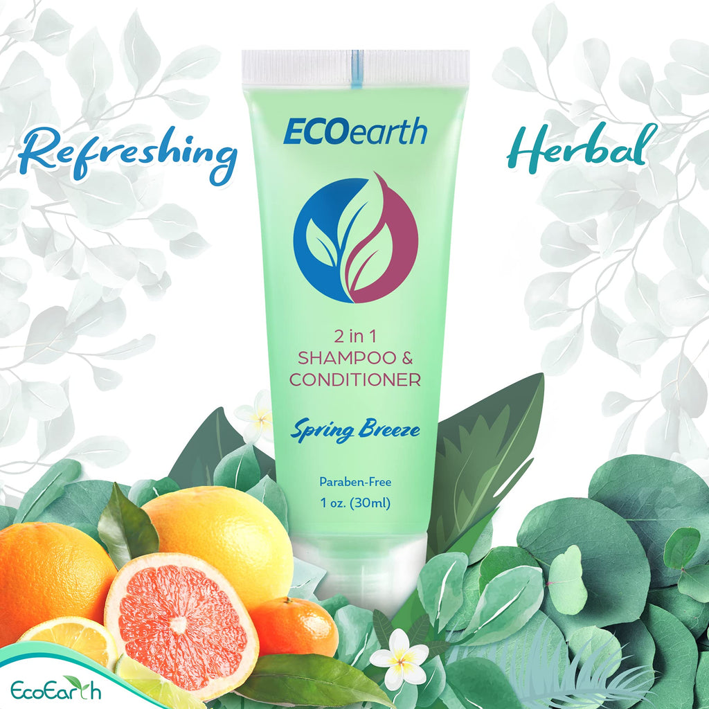 EcoEarth Travel Size 2-in-1 Shampoo & Conditioner – 100 Count (1 fl oz) Spring Breeze