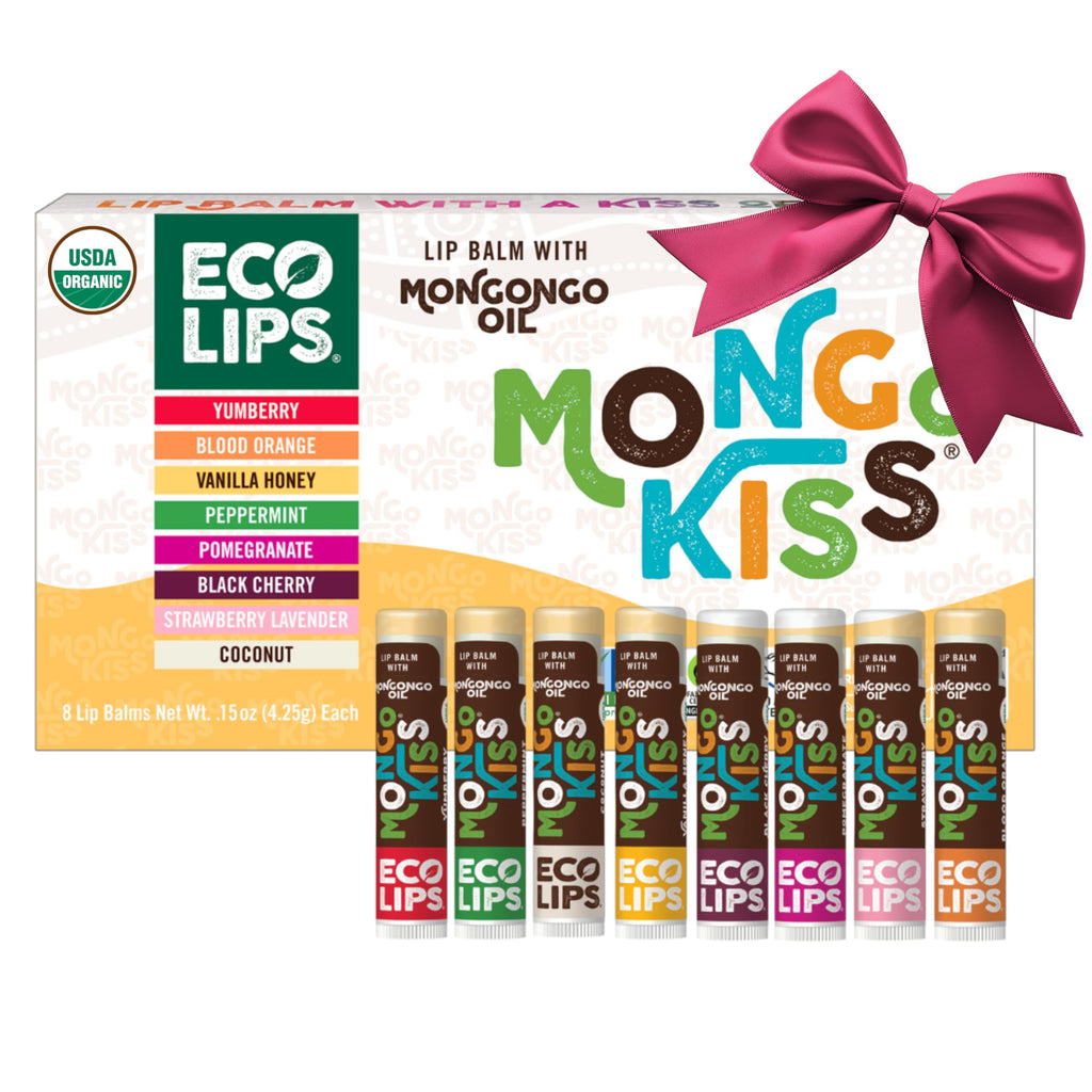 Eco Lips Mongo Kiss USDA Organic Lip Balm Set 8-Pack with Mongongo Oil & Cocoa Butter - USA Made