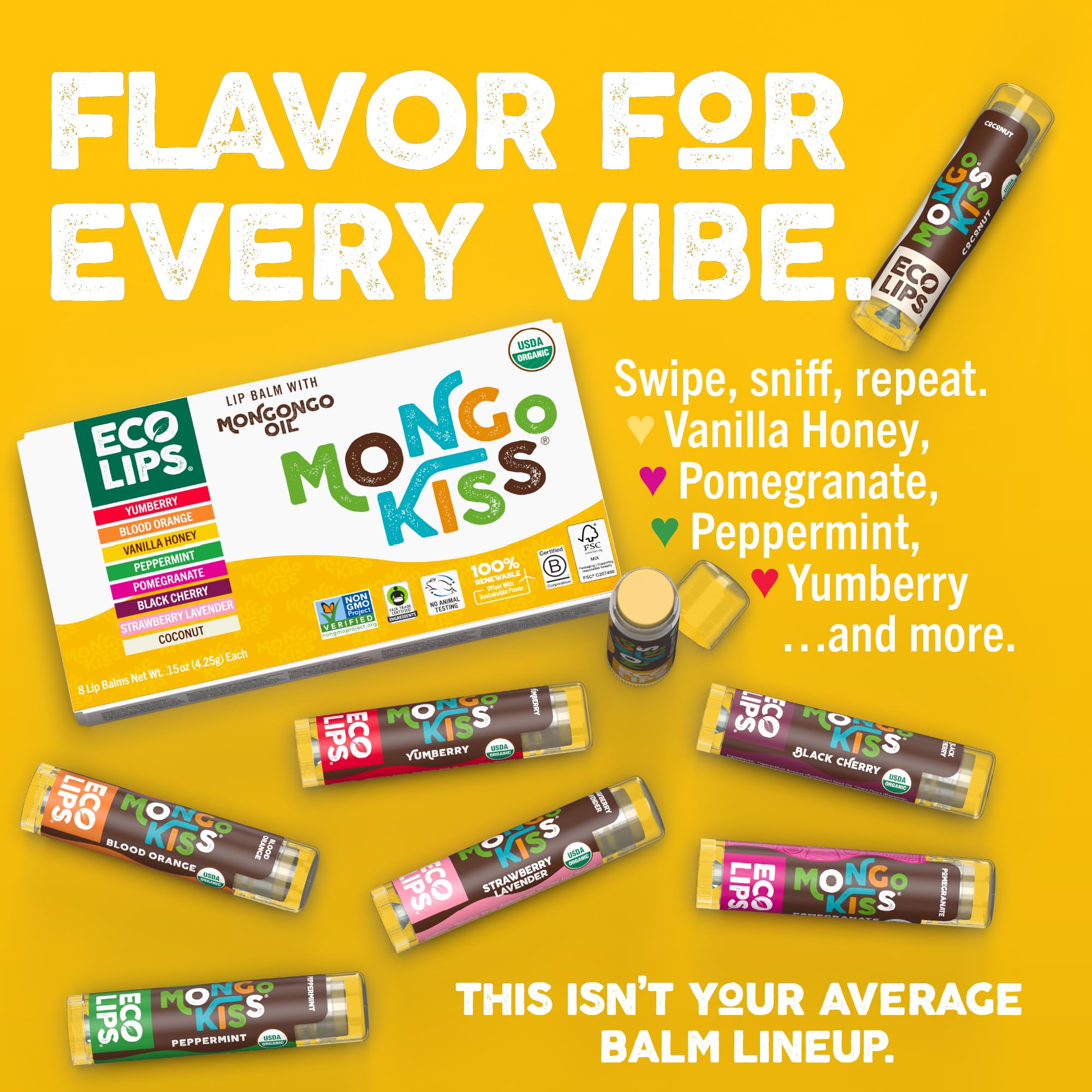 Eco Lips Mongo Kiss USDA Organic Lip Balm Set 8-Pack with Mongongo Oil & Cocoa Butter - USA Made