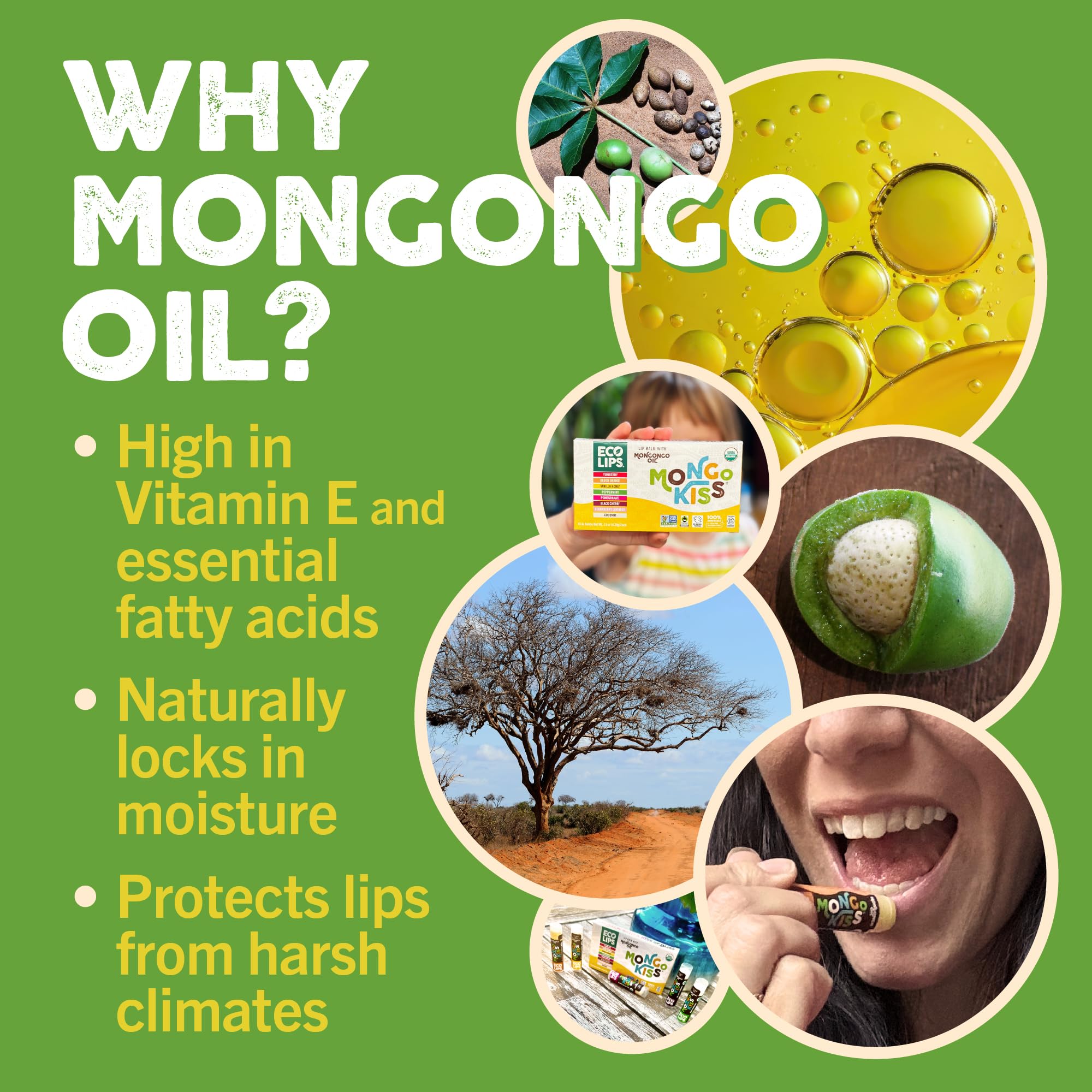 Eco Lips Mongo Kiss USDA Organic Lip Balm Set 8-Pack with Mongongo Oil & Cocoa Butter - USA Made