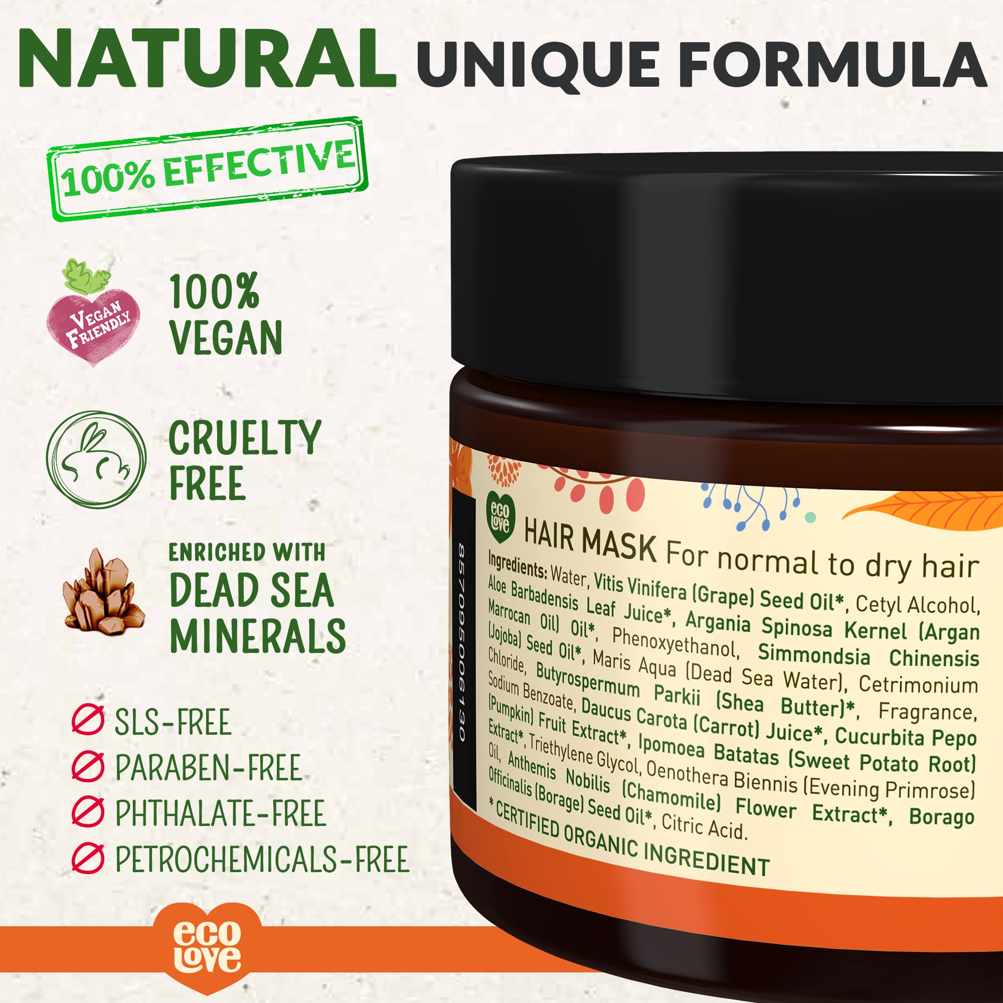 ecoLove Hair Mask for Dry, Damaged, and Curly Hair – Deep Conditioning with Carrot & Pumpkin Extract (11.8 oz) | Vegan & Cruelty-Free