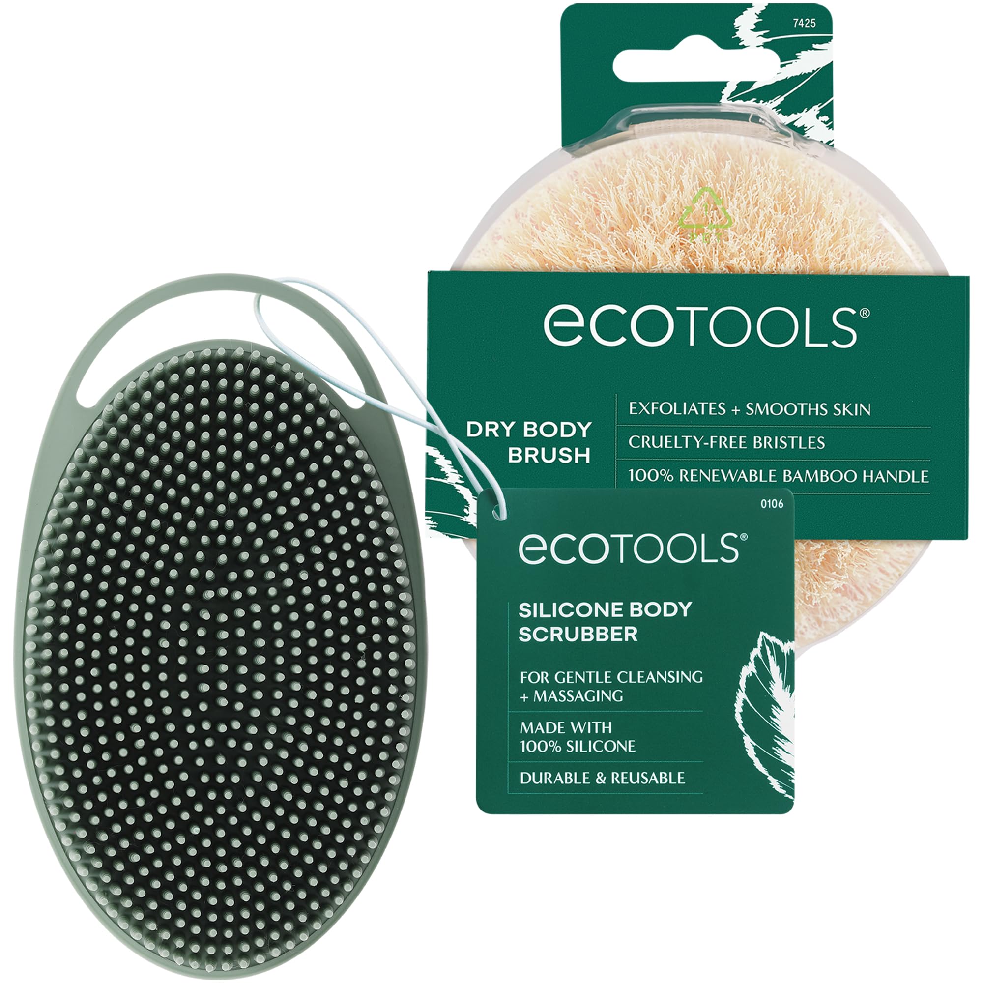 EcoTools Dry Body Brush + Sage Green Silicone Scrubber — Exfoliate & Boost Circulation