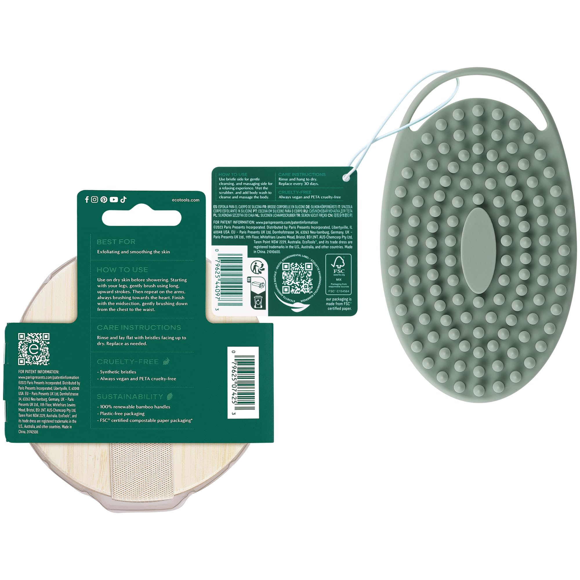 EcoTools Dry Body Brush + Sage Green Silicone Scrubber — Exfoliate & Boost Circulation