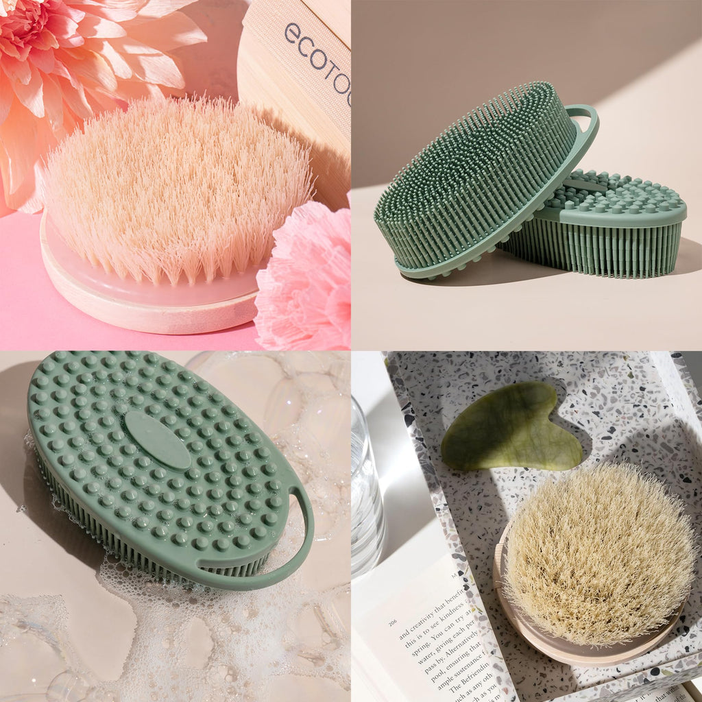 EcoTools Dry Body Brush + Sage Green Silicone Scrubber — Exfoliate & Boost Circulation