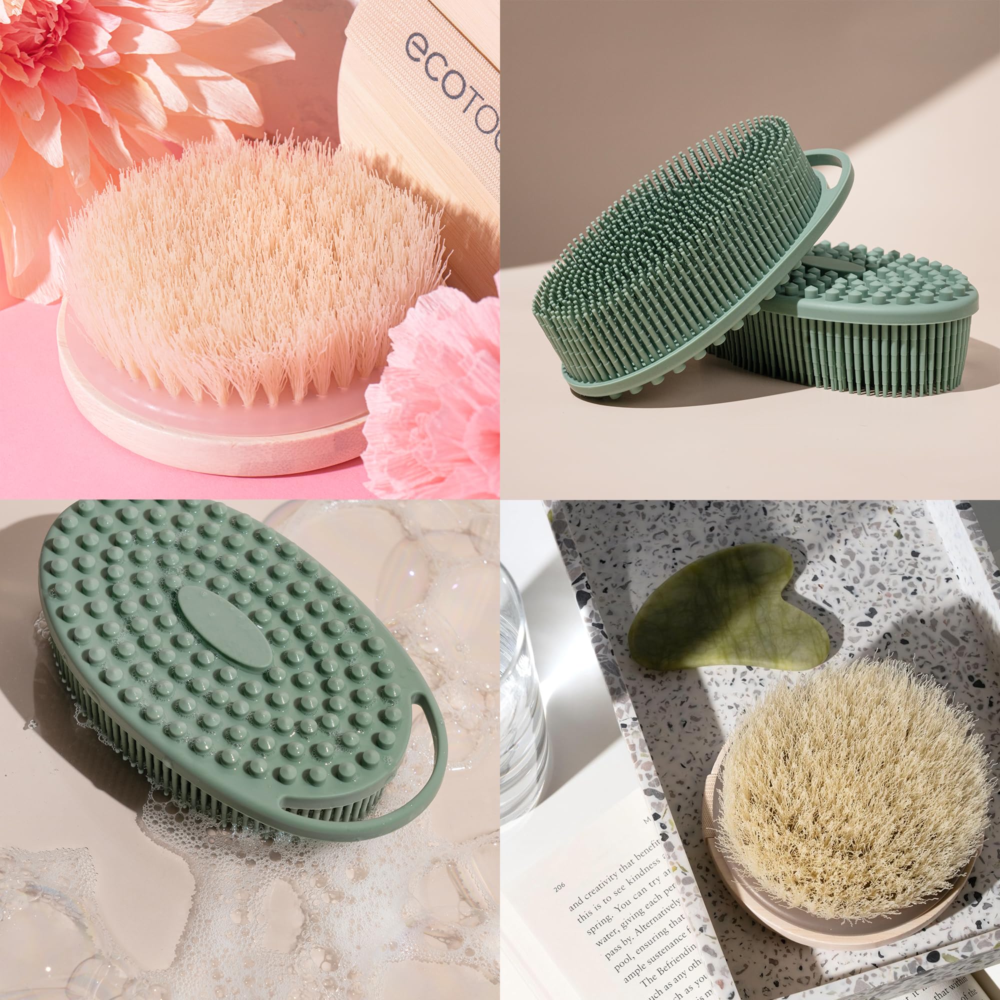 EcoTools Dry Body Brush + Sage Green Silicone Scrubber — Exfoliate & Boost Circulation