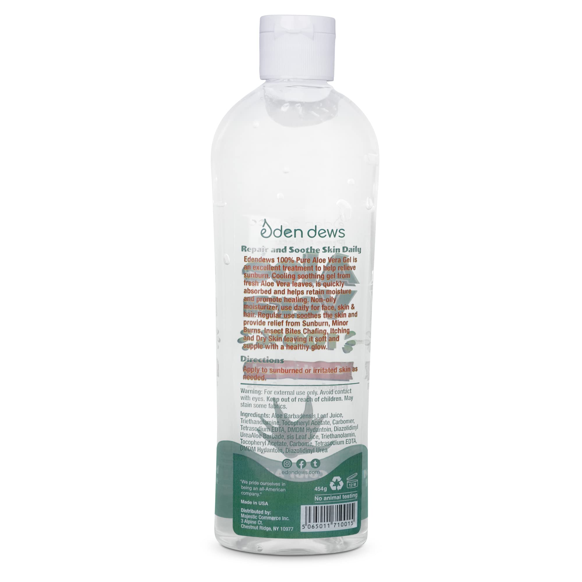 Eden Dews Organic Aloe Vera Gel 100% Pure – Made in USA, Unscented, 16 oz