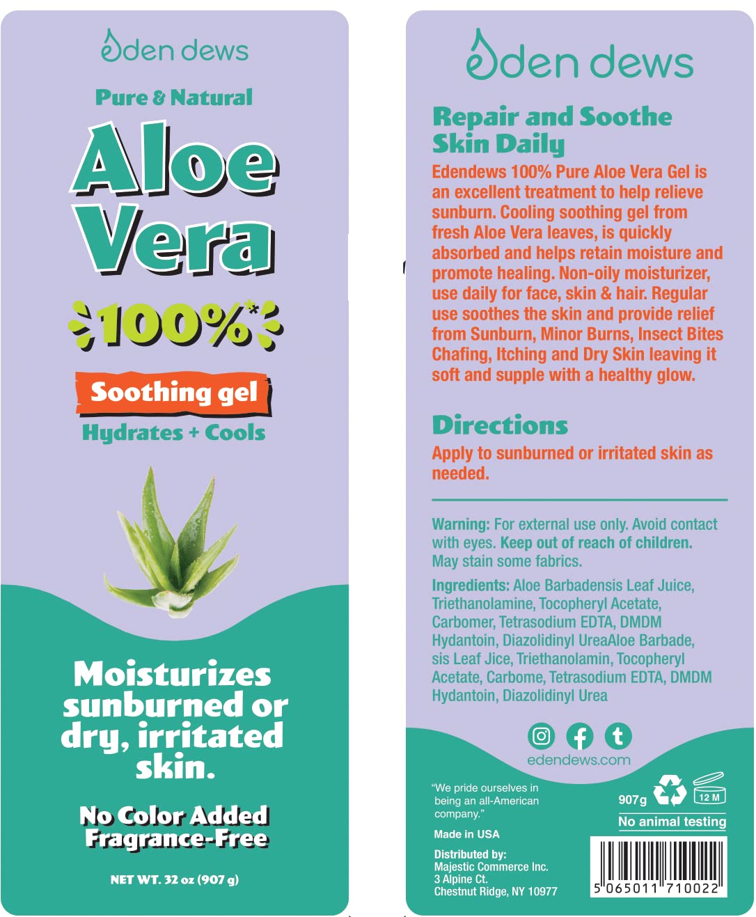 Eden Dews Organic Aloe Vera Gel 100% Pure – Made in USA, Unscented, 16 oz
