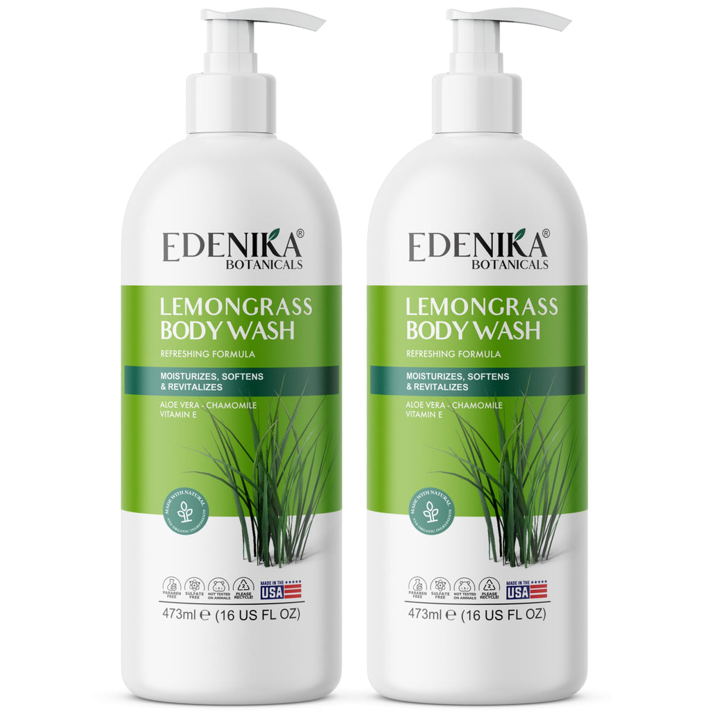 EDENIKA BOTANICALS Lemongrass Body Wash with Vitamin E – Hydrating, Organic & Vegan, 2-Pack (16 fl oz each)