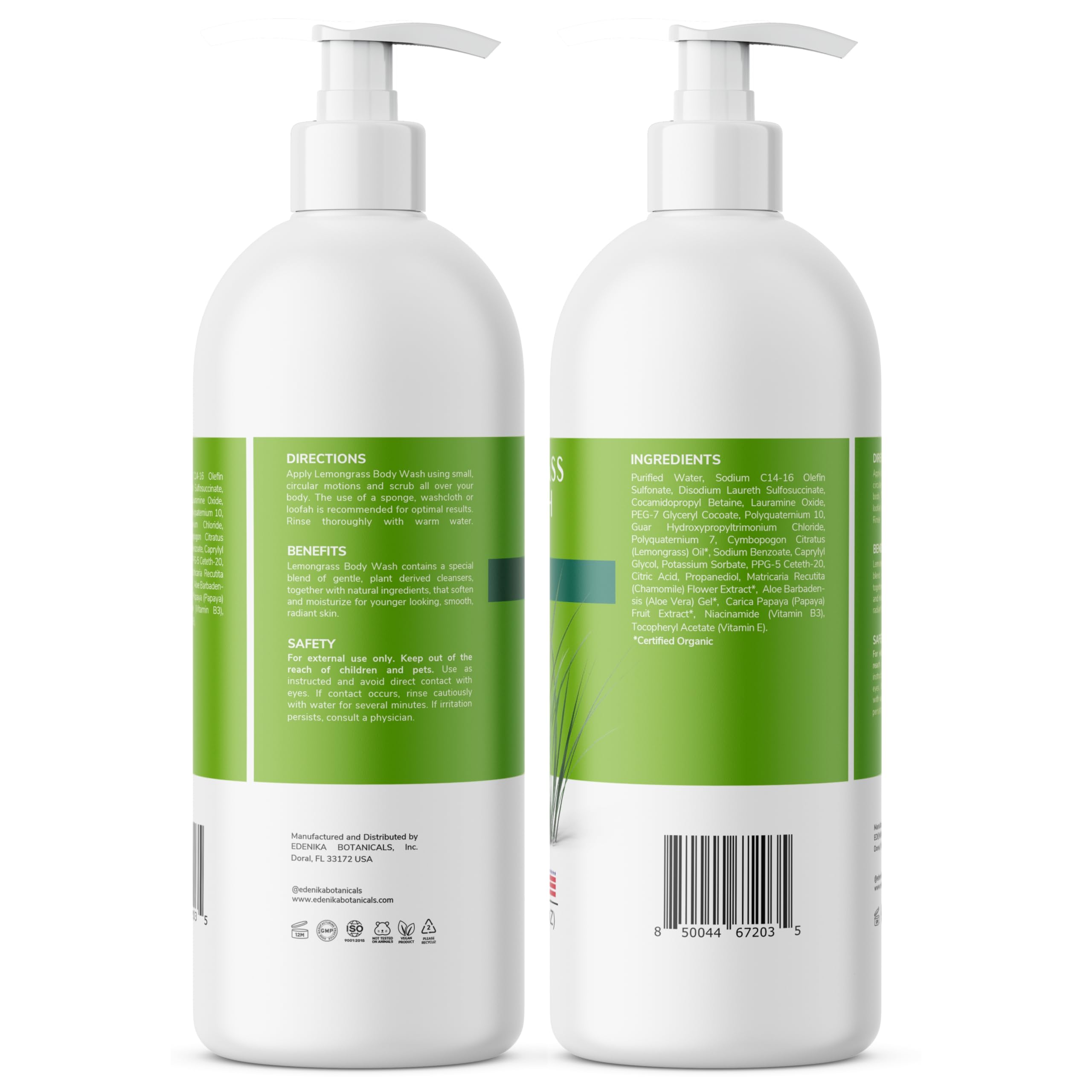EDENIKA BOTANICALS Lemongrass Body Wash with Vitamin E – Hydrating, Organic & Vegan, 2-Pack (16 fl oz each)