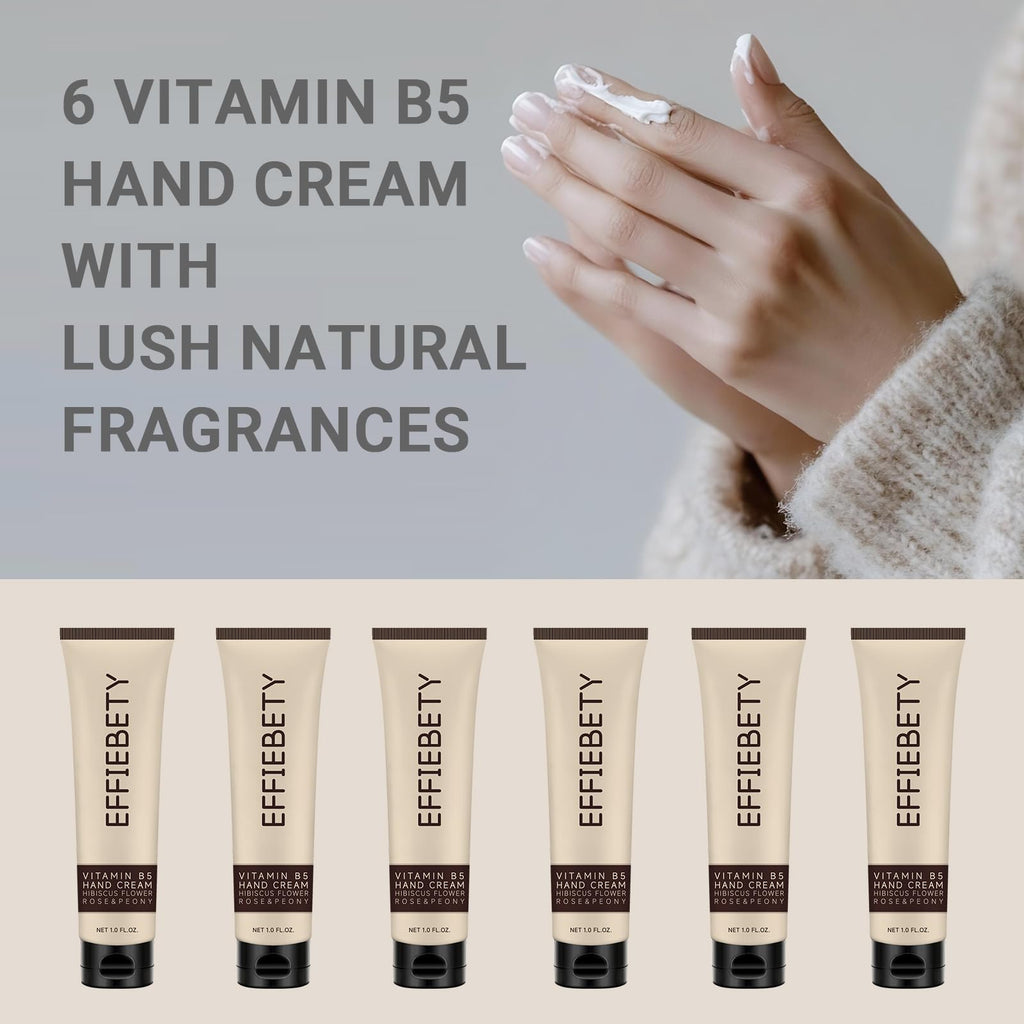 EFFIEBETY 6 Pack Vitamin B5 Hand Cream – Fast-Absorbing, Non-Greasy, Hibiscus Rose & Peony