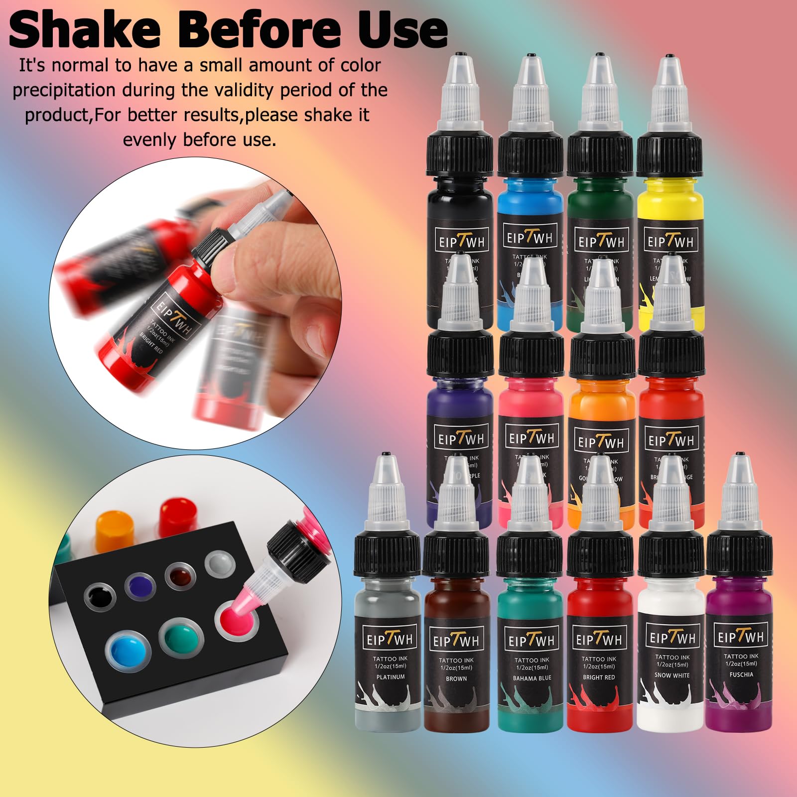EIPTWH 14 Colors Tattoo Ink Set – 1/2oz Bottles for Bright, Long-Lasting Color