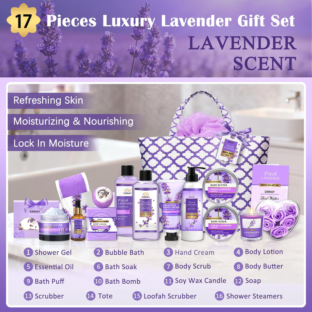 EIRNAY Lavender Spa Gift Set – 17-Piece At-Home Spa Kit for Women | Gift for Her