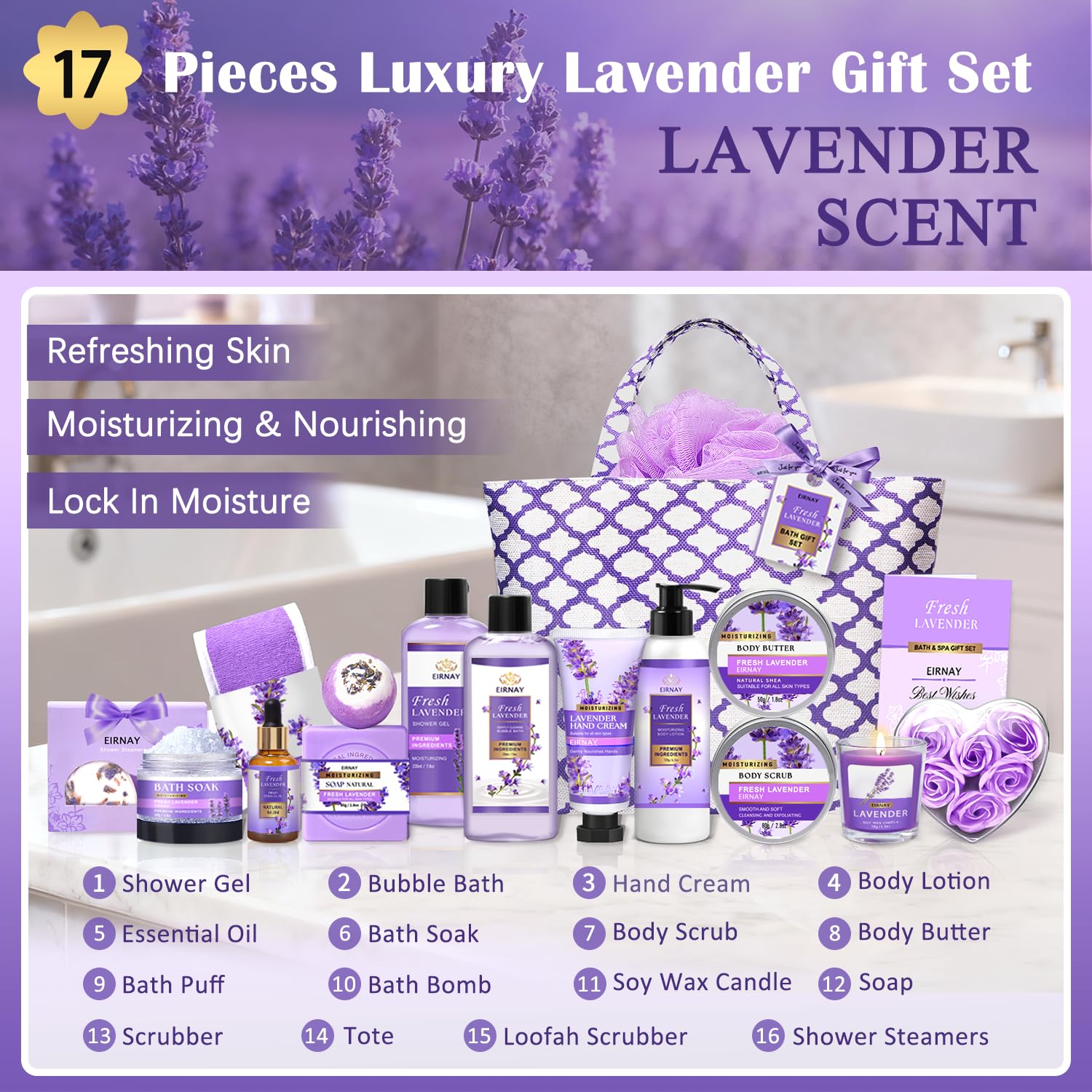 EIRNAY Lavender Spa Gift Set – 17-Piece At-Home Spa Kit for Women | Gift for Her