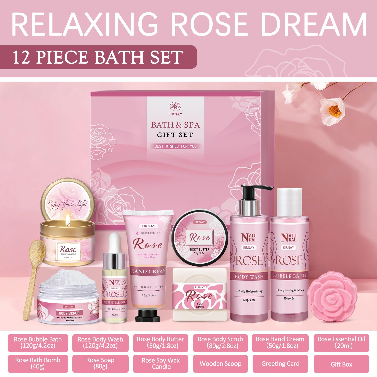 EIRNAY Rose Spa Gift Basket for Women – 12-Piece Self-Care Kit