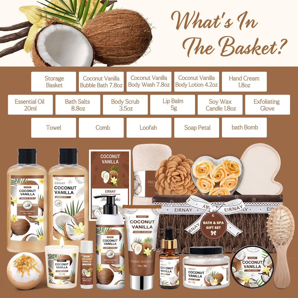 EIRNAY Christmas Gifts for Women — 16-Piece Coconut Vanilla Spa Gift Basket