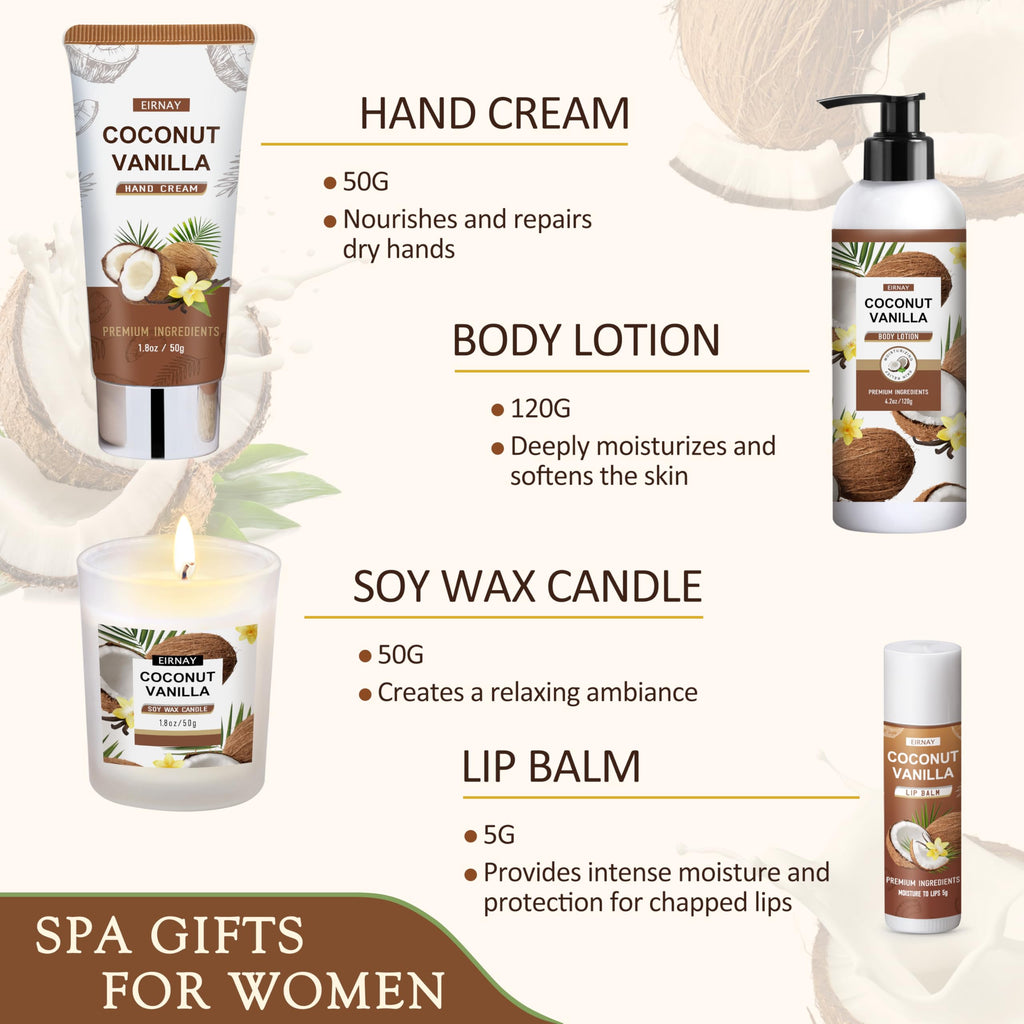 EIRNAY Christmas Gifts for Women — 16-Piece Coconut Vanilla Spa Gift Basket