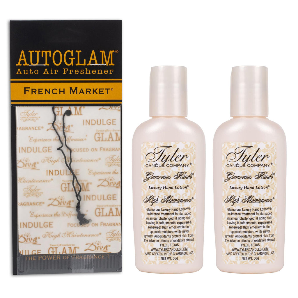 Elanze Designs Tyler Candle HIGH MAINTENANCE Hand Lotion & FRENCH MARKET Autoglam Auto Air Freshener Bundle (Set of 3)