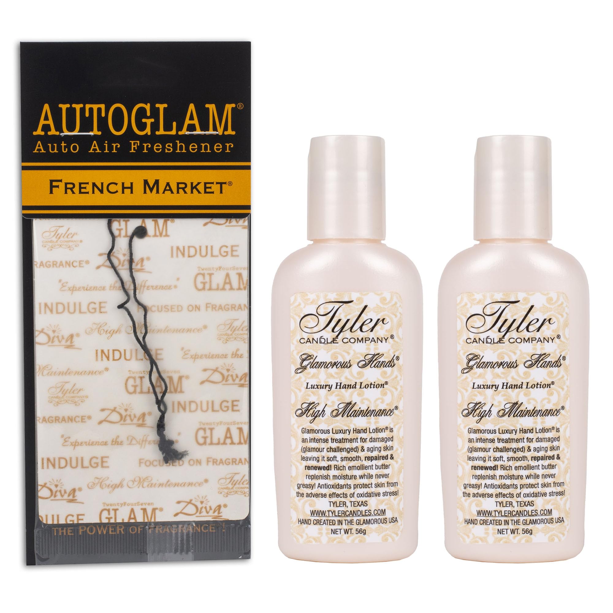 Elanze Designs Tyler Candle HIGH MAINTENANCE Hand Lotion & FRENCH MARKET Autoglam Auto Air Freshener Bundle (Set of 3)
