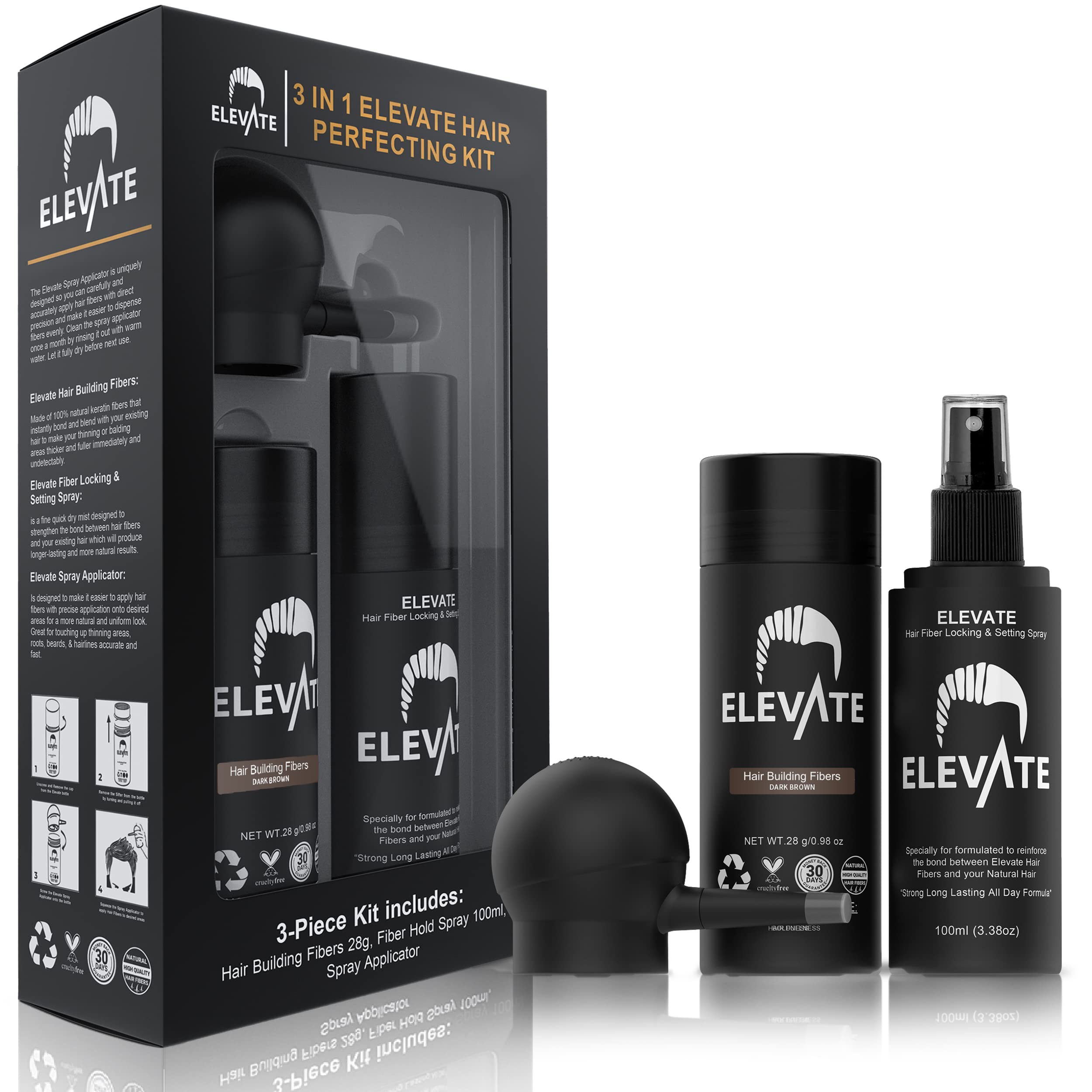 Elevate Hair Perfecting 3-in-1 Kit: Natural Keratin Fibers, Pump Applicator & Locking Spray for Instant Density (Dark Brown)