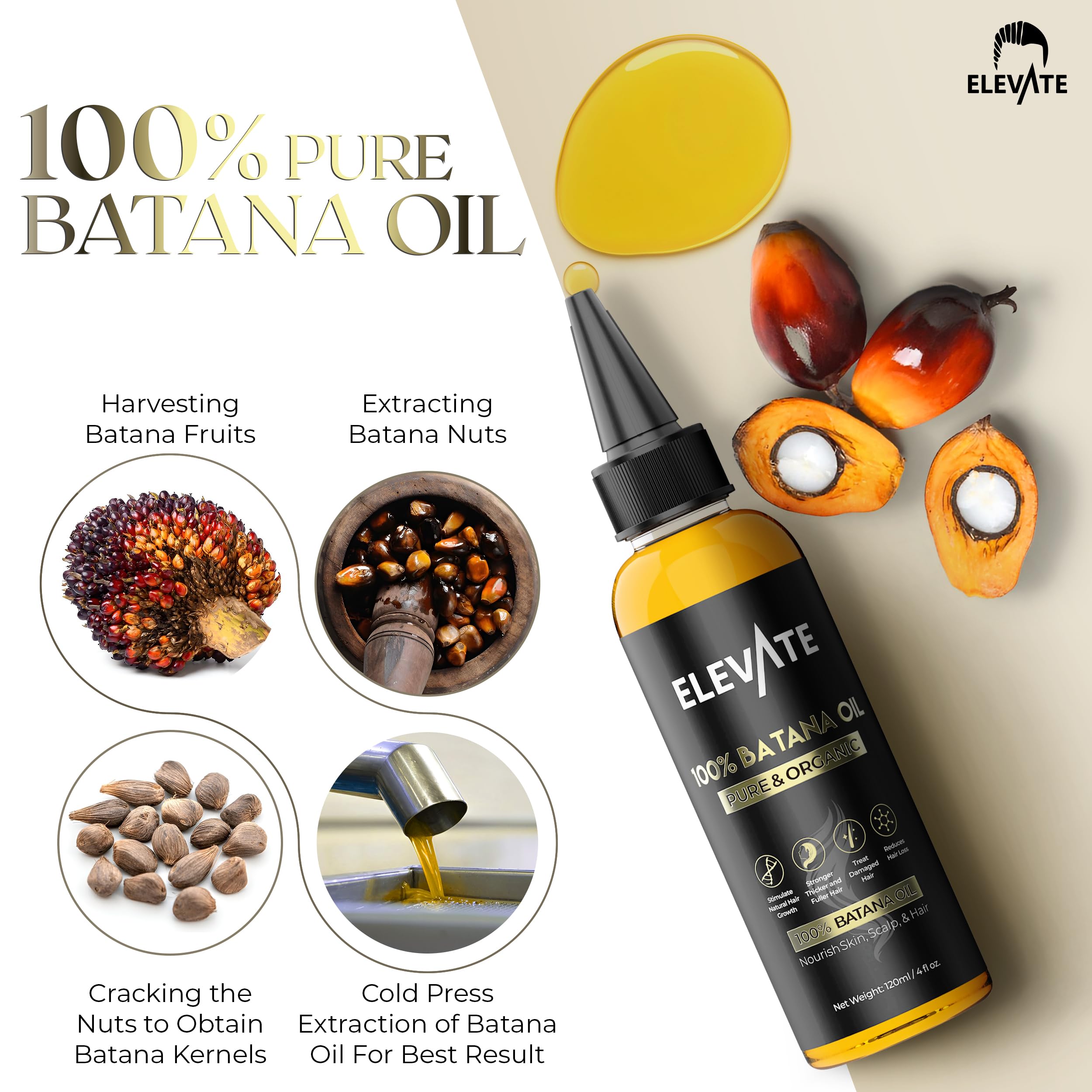 Elevate Batana Oil for Hair Growth – 100% Pure, Cold-Pressed Honduran Oil | 4 Fl Oz
