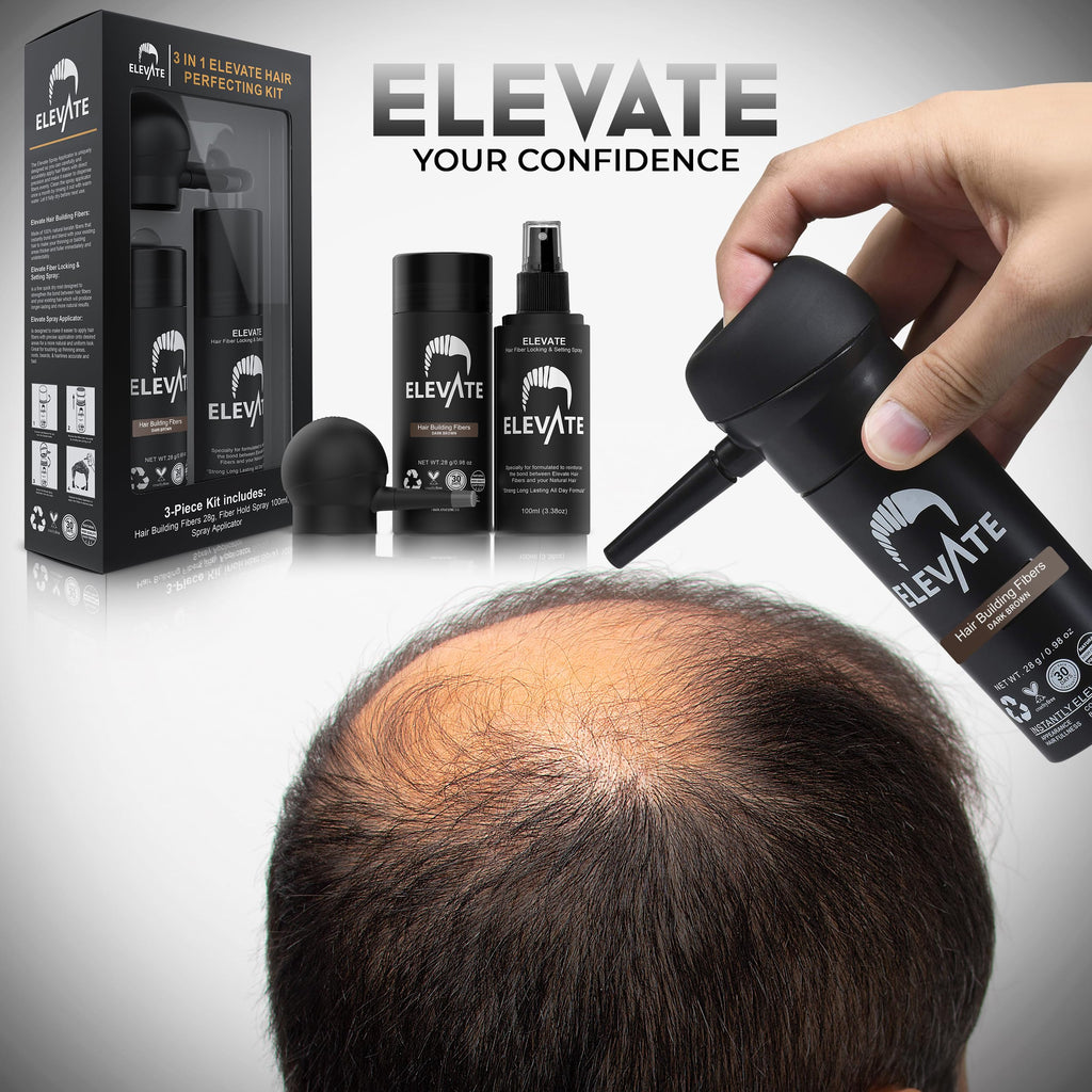 Elevate Hair Perfecting 3-in-1 Kit: Natural Keratin Fibers, Pump Applicator & Locking Spray for Instant Density (Dark Brown)