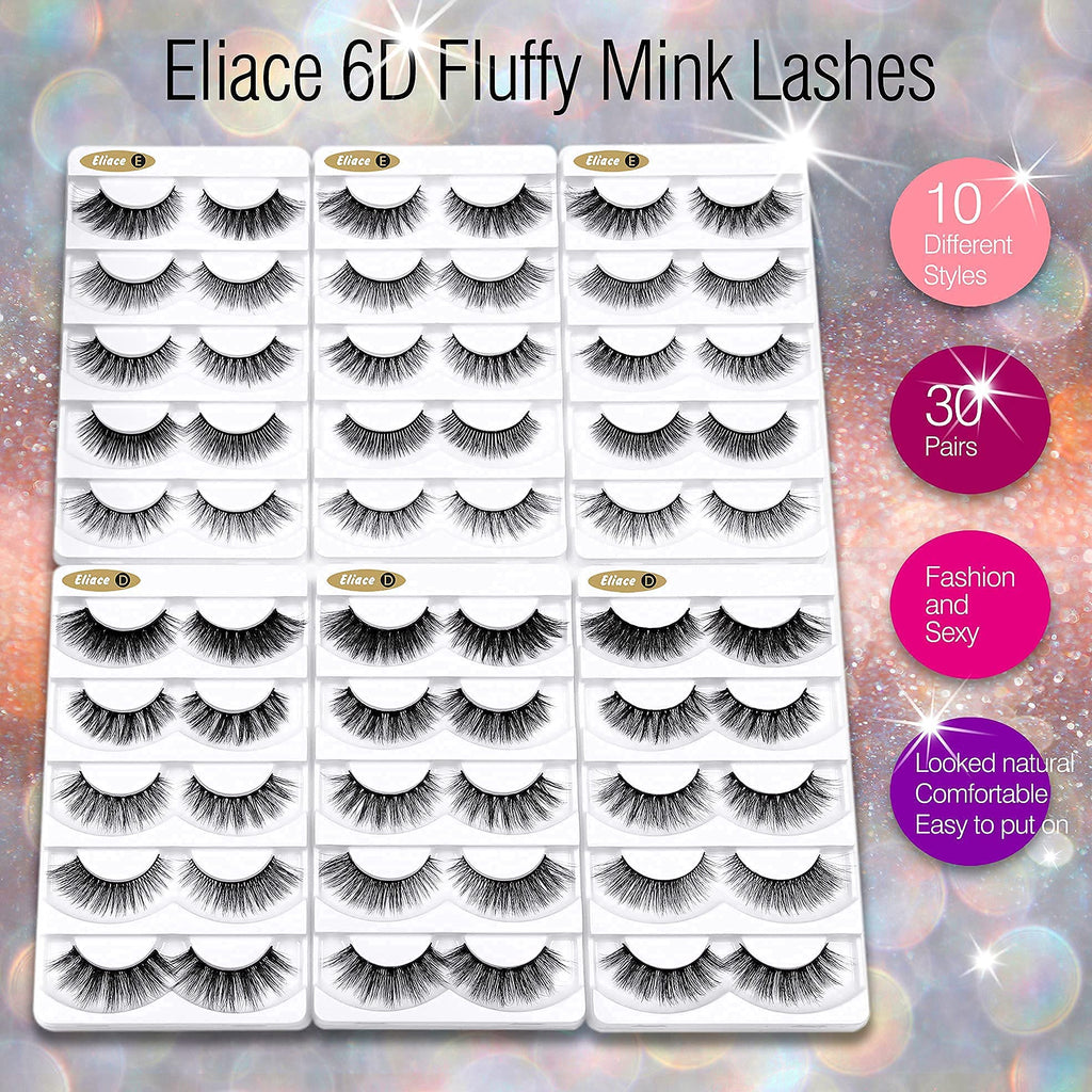 Eliace False Eyelashes | Natural Cat Eye Wispy 6D Mink, 30 Pairs, 10 Styles