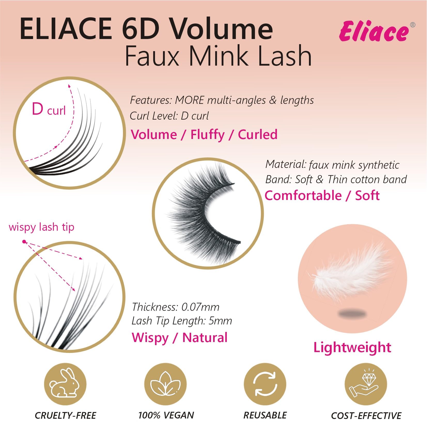 Eliace False Eyelashes | Natural Cat Eye Wispy 6D Mink, 30 Pairs, 10 Styles