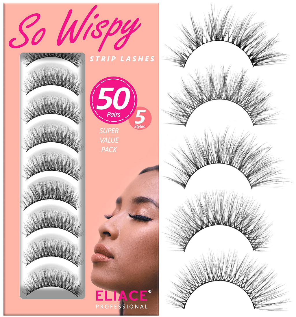 Eliace Luxurious 50 Pairs Cat Eye Lashes – 5 Styles, 3D Mink, Soft Band, Lash Tweezers