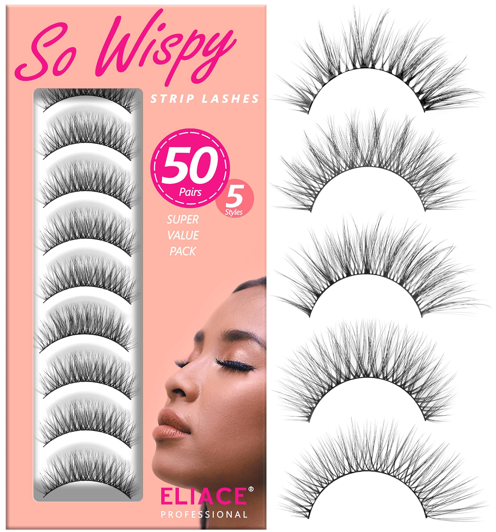 Eliace Luxurious 50 Pairs Cat Eye Lashes – 5 Styles, 3D Mink, Soft Band, Lash Tweezers