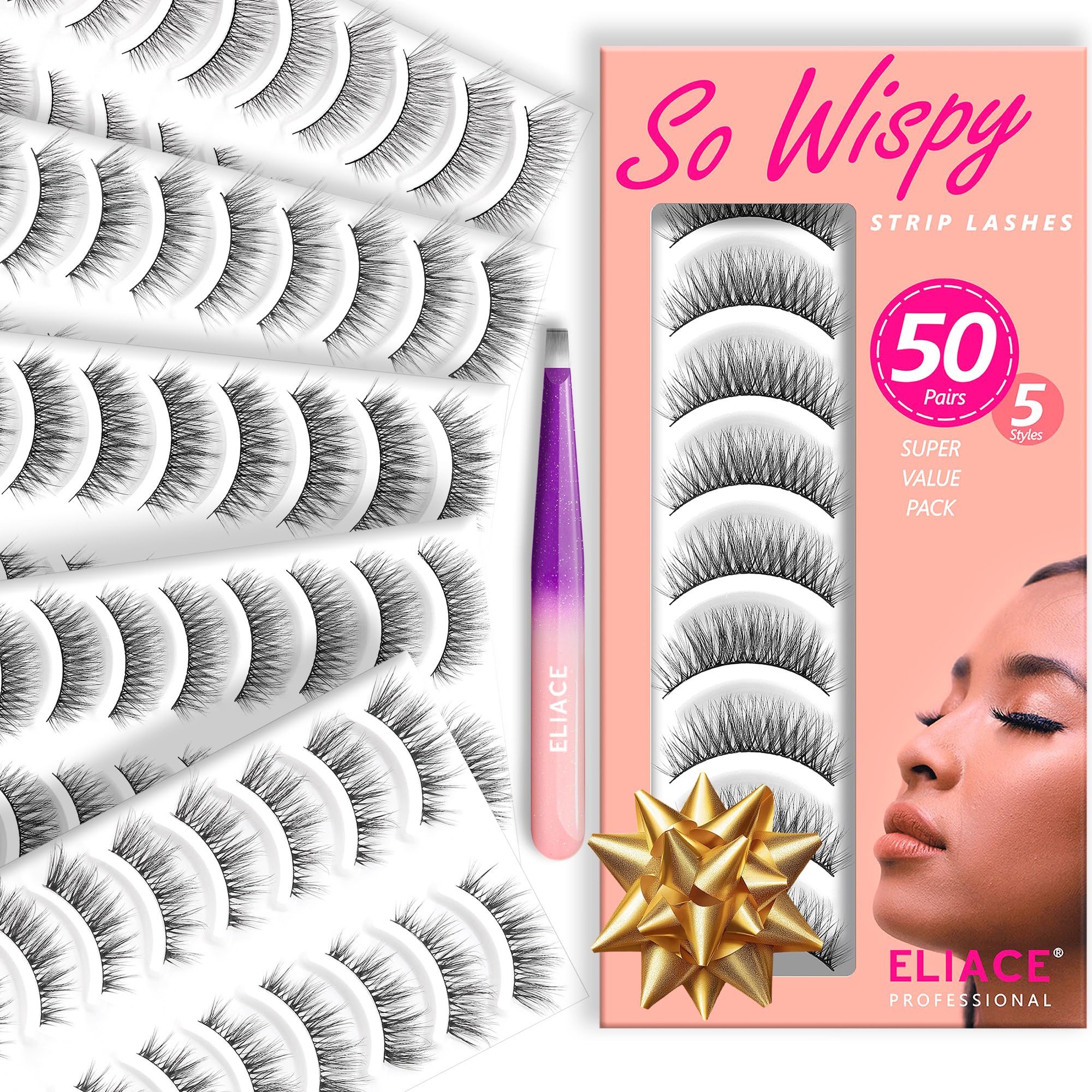 Eliace Luxurious 50 Pairs Cat Eye Lashes – 5 Styles, 3D Mink, Soft Band, Lash Tweezers