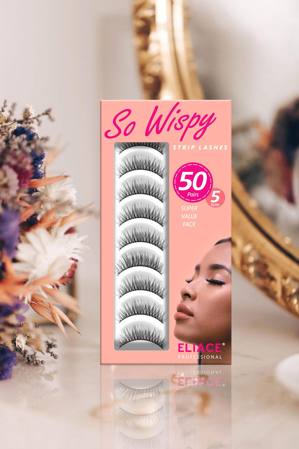 Eliace Luxurious 50 Pairs Cat Eye Lashes – 5 Styles, 3D Mink, Soft Band, Lash Tweezers