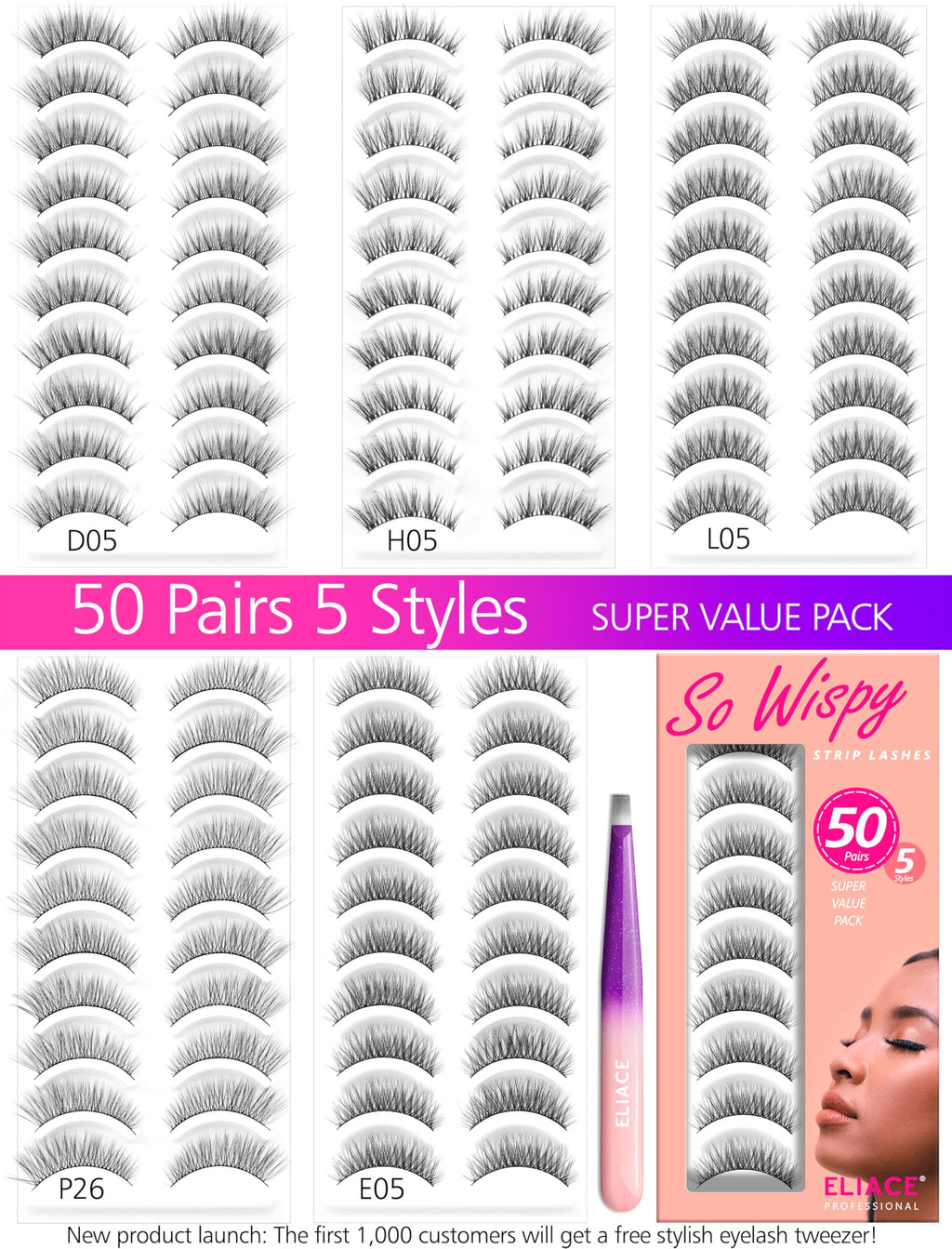 Eliace Luxurious 50 Pairs Cat Eye Lashes – 5 Styles, 3D Mink, Soft Band, Lash Tweezers