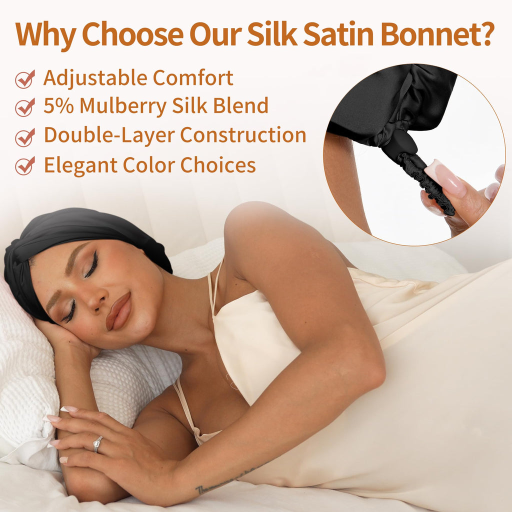 ELIO Adjustable Silk Satin Sleep Bonnet – 5% Mulberry Silk, Double Layer, Back-Clasp for All Hair Types