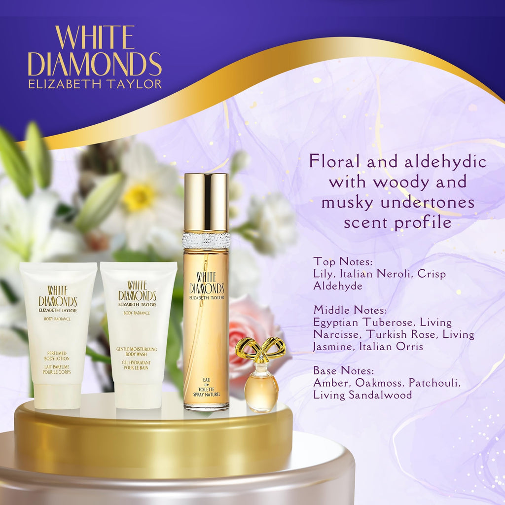 Elizabeth Taylor White Diamonds Gift Set – Spray, Body Lotion, Body Wash & Perfume