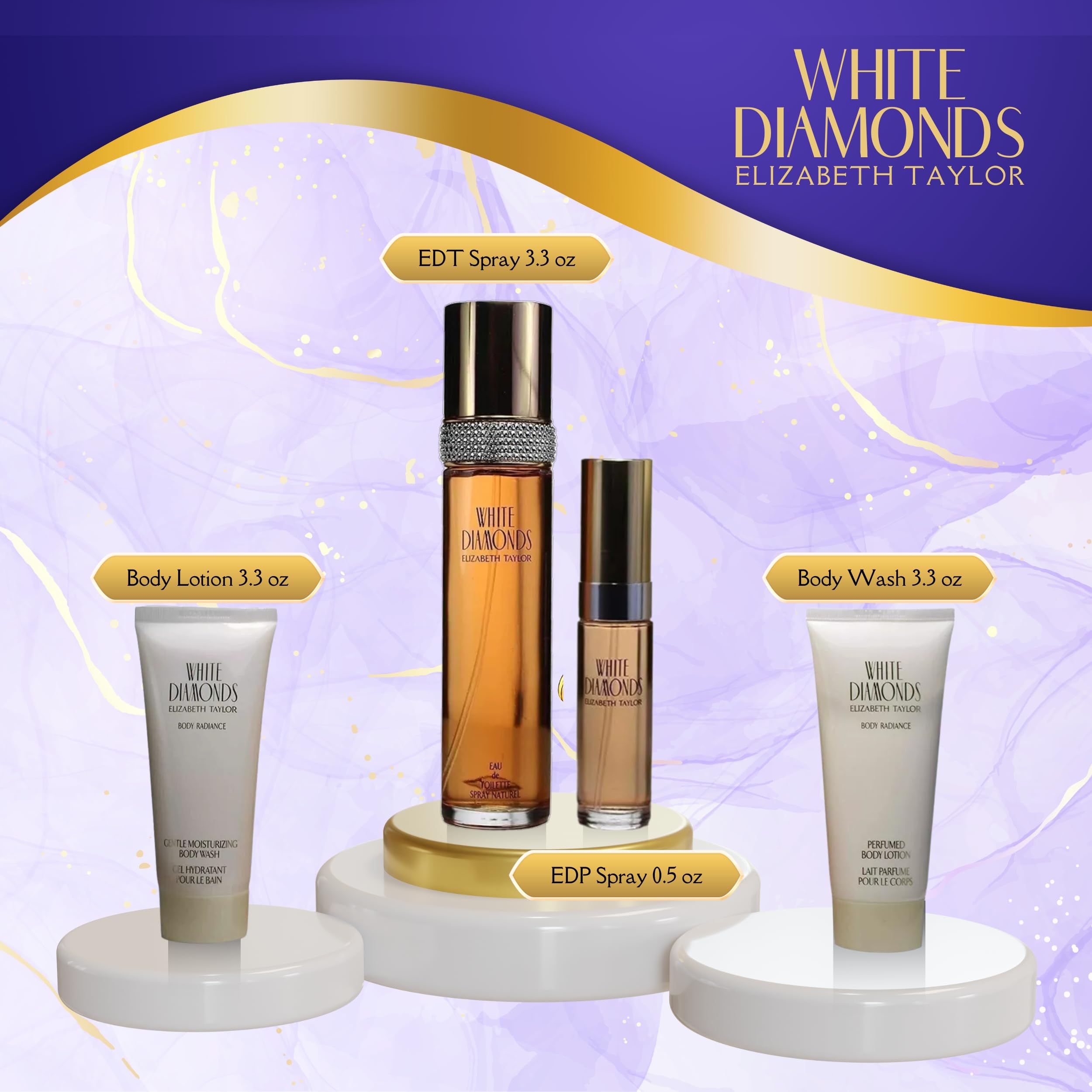 Elizabeth Taylor White Diamonds 4-Piece Fragrance Gift Set for Women – EDT 3.3 oz + Body Lotion + Body Wash
