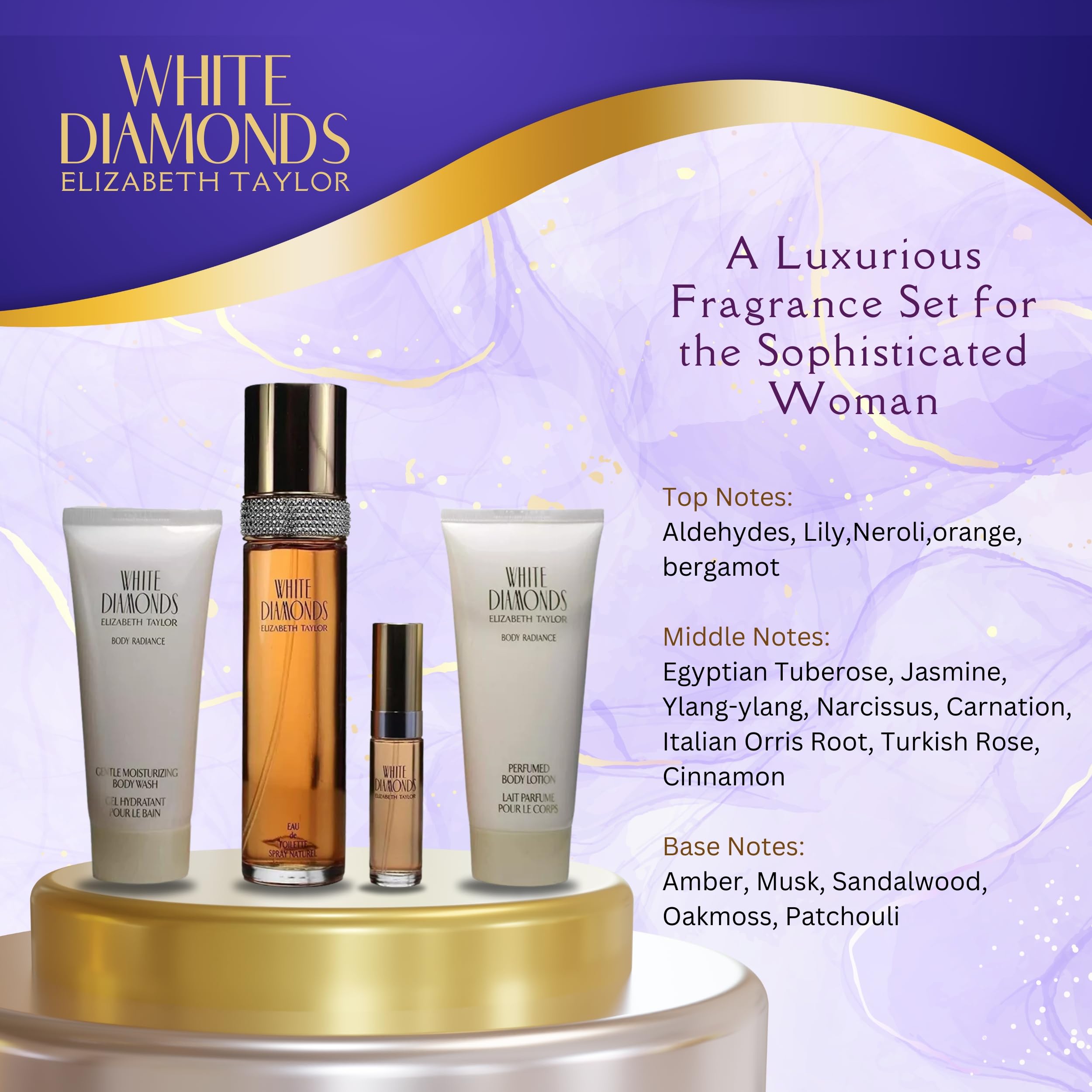 Elizabeth Taylor White Diamonds 4-Piece Fragrance Gift Set for Women – EDT 3.3 oz + Body Lotion + Body Wash