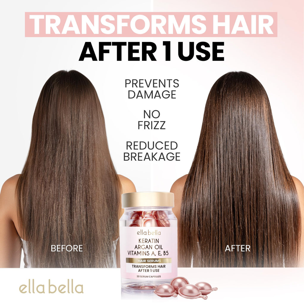 ELLA BELLA Keratin Hair Serum – Argan Oil & Vitamins A,E,B5 – Anti-Frizz & Night Repair