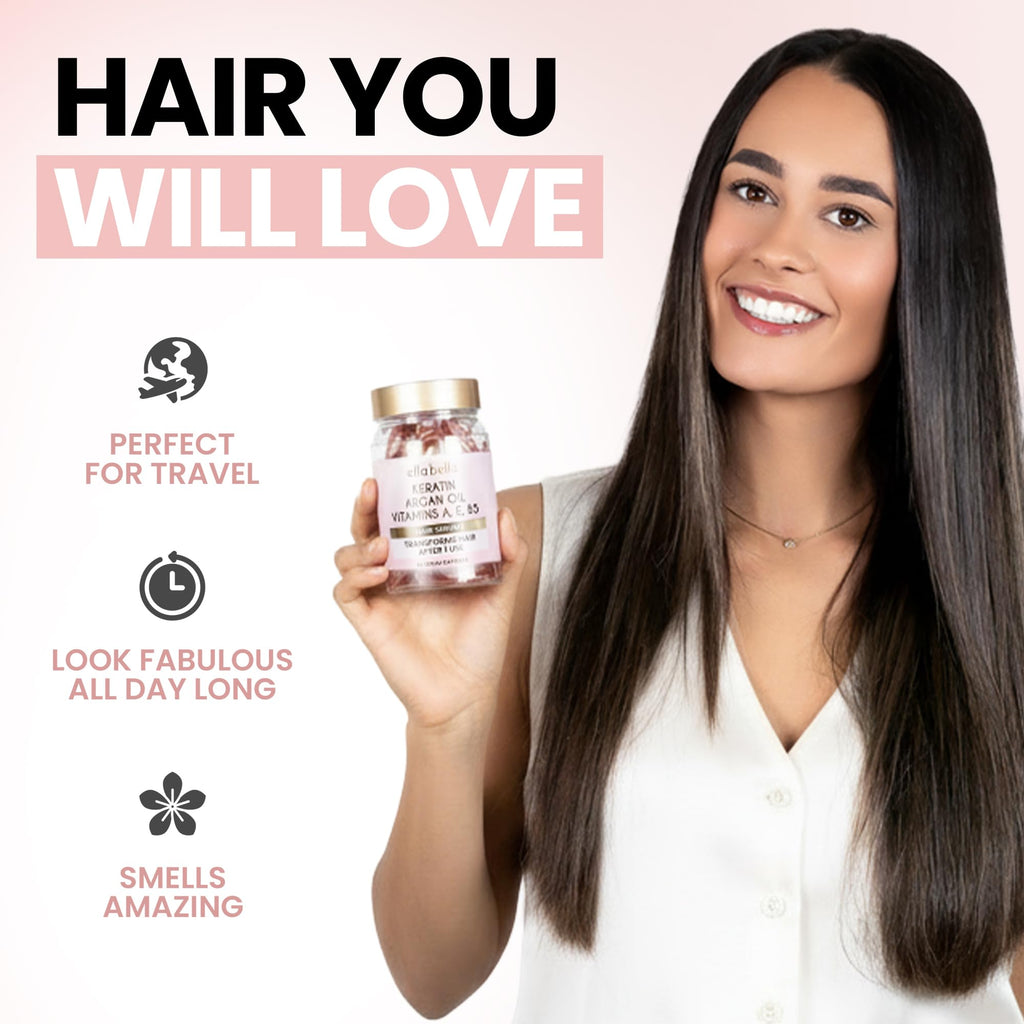 ELLA BELLA Keratin Hair Serum – Argan Oil & Vitamins A,E,B5 – Anti-Frizz & Night Repair