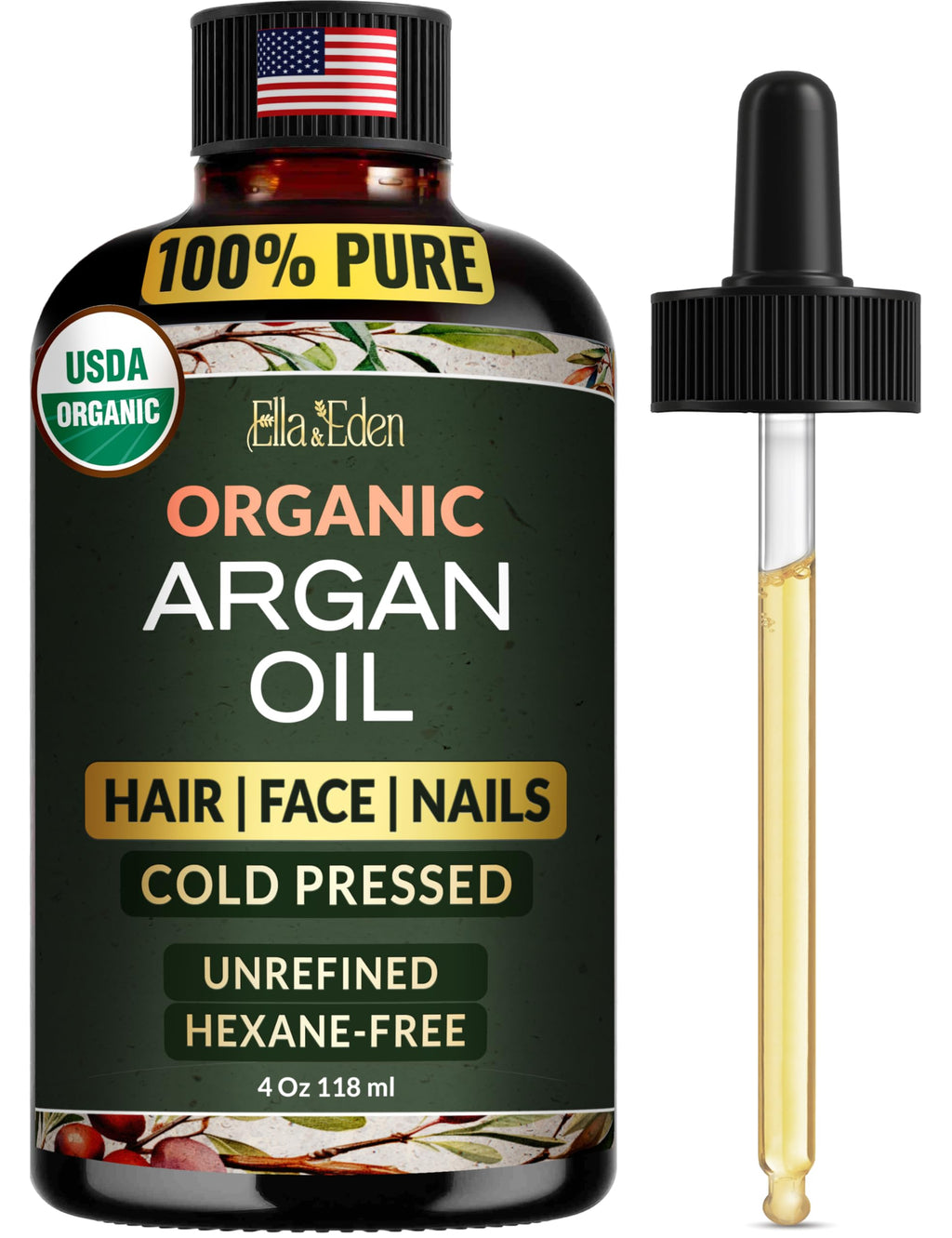 Ella & Eden Organic Moroccan Argan Oil — 100% Pure Cold-Pressed USDA Certified Unrefined, 4 Fl Oz