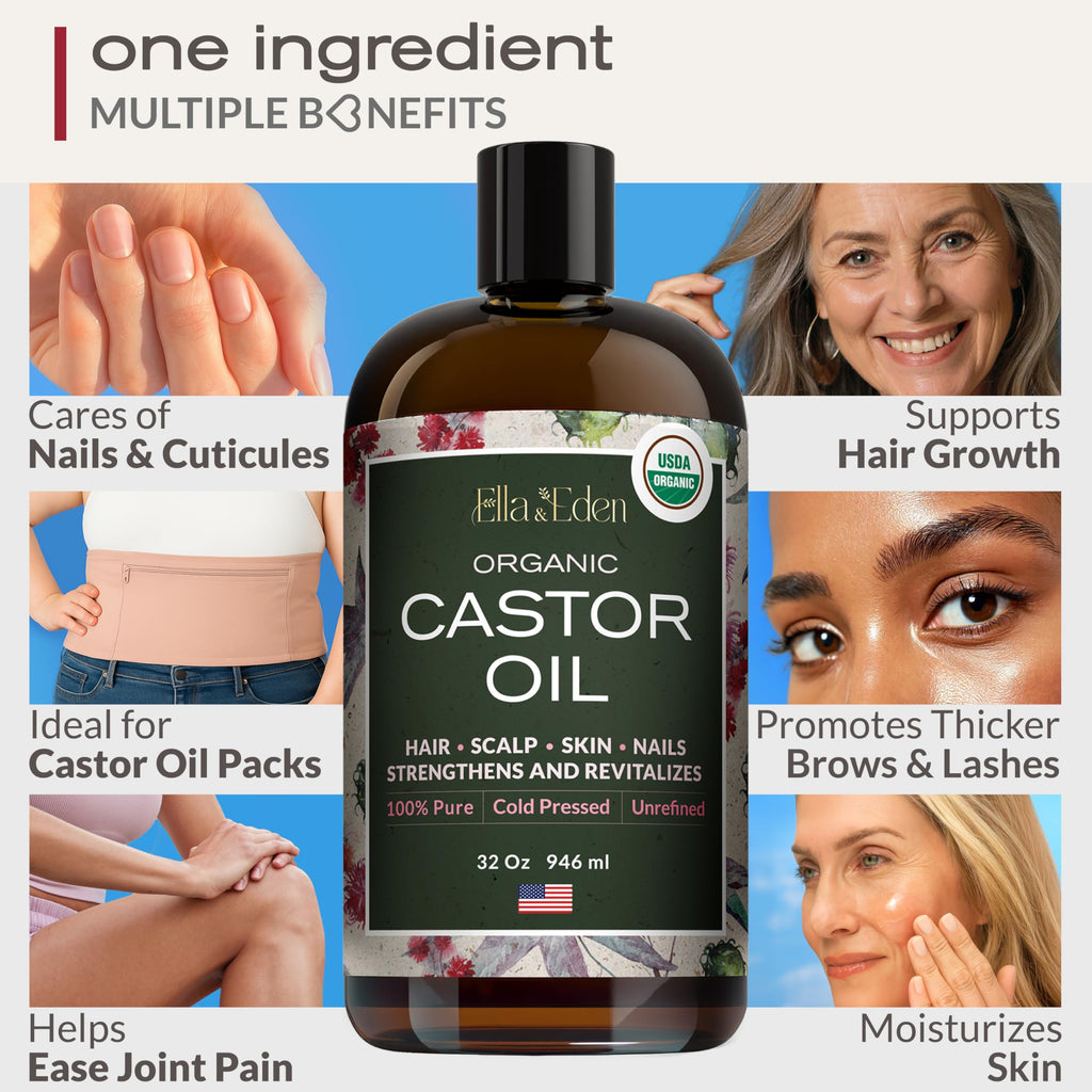 Ella & Eden Organic Castor Oil 32oz — Cold-Pressed, Hexane-Free, USDA Certified