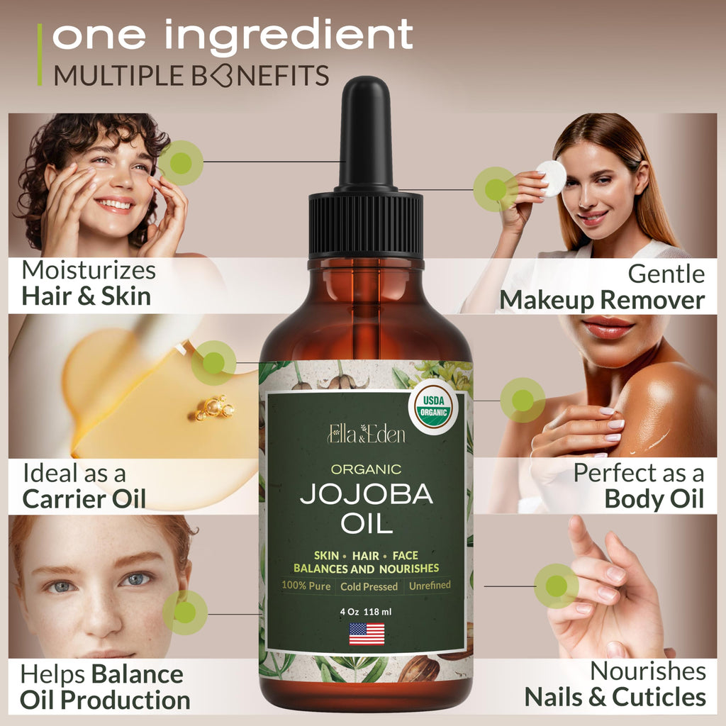 Ella & Eden Organic Jojoba Oil – USDA Certified, Cold-Pressed, 100% Pure & Hexane-Free (4 Fl Oz)